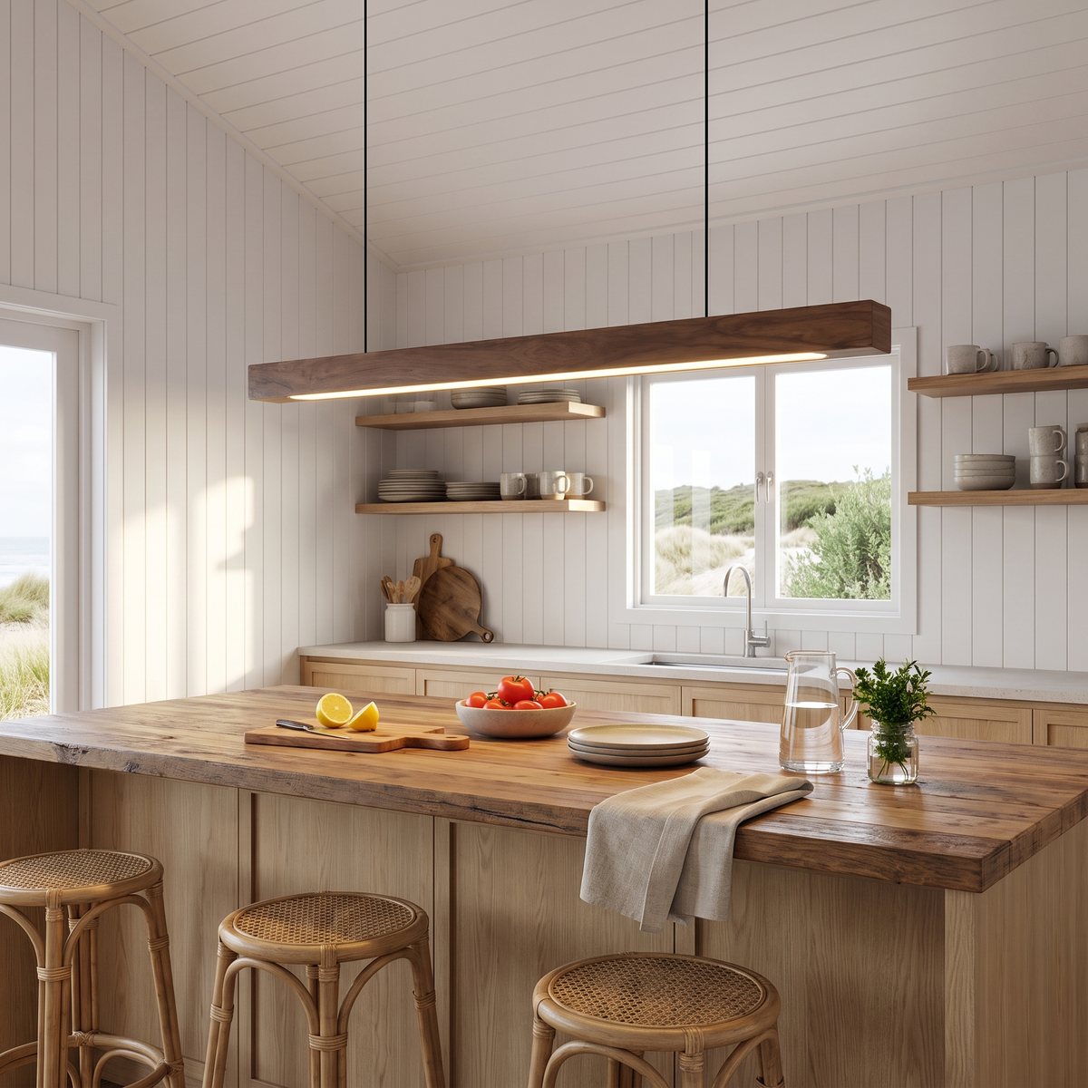Sorrento pendant in Walnut A over a recycled timber island in a working beach house kitchen