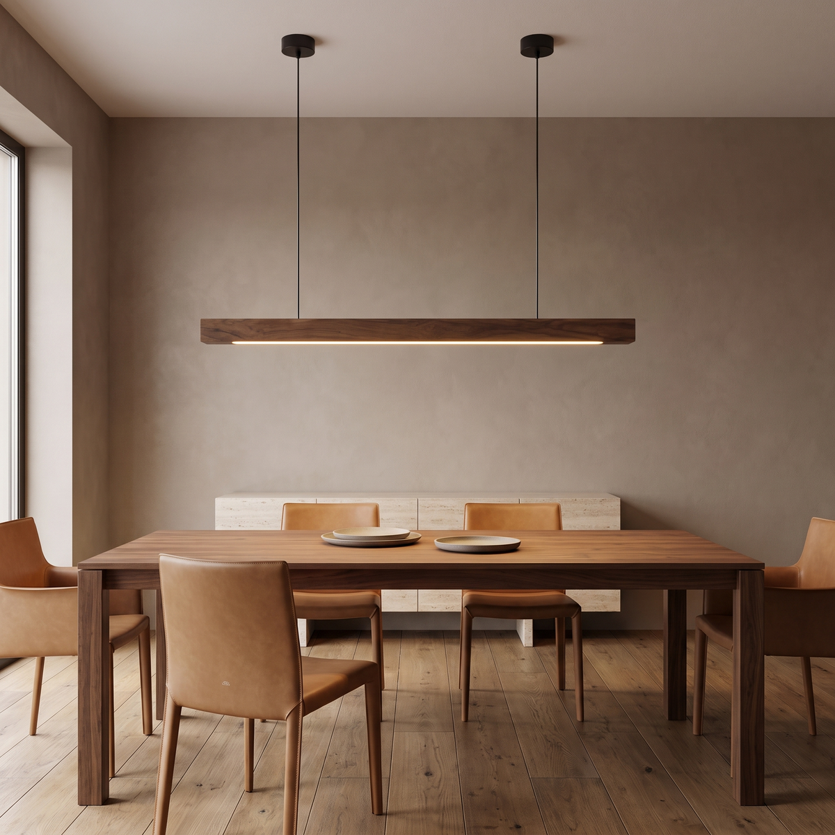 Sorrento pendant light in Walnut A glowing above a walnut dining table in a warm dining room