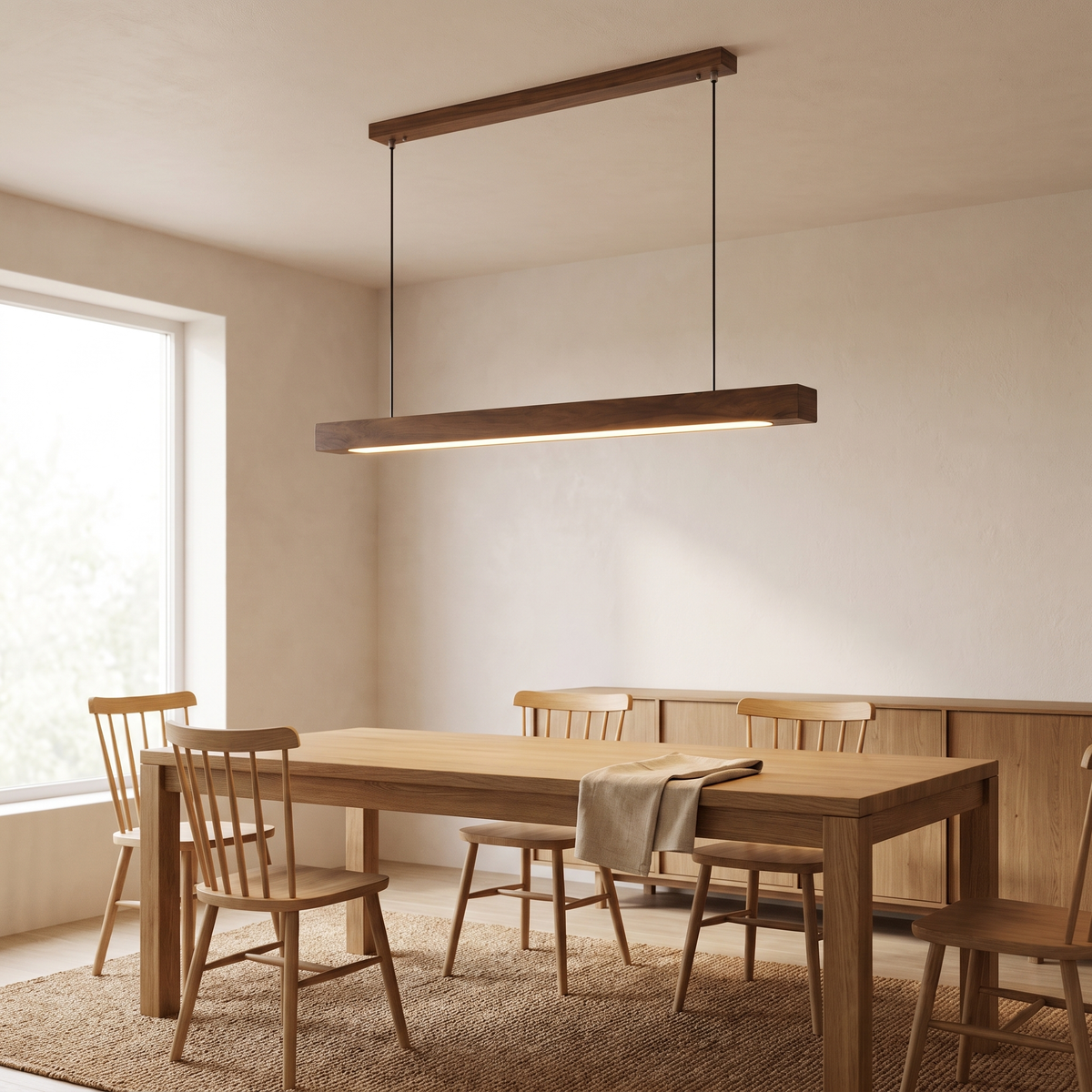 Sorrento pendant light in Walnut B with its ceiling rail above an oak table in a Japandi dining room