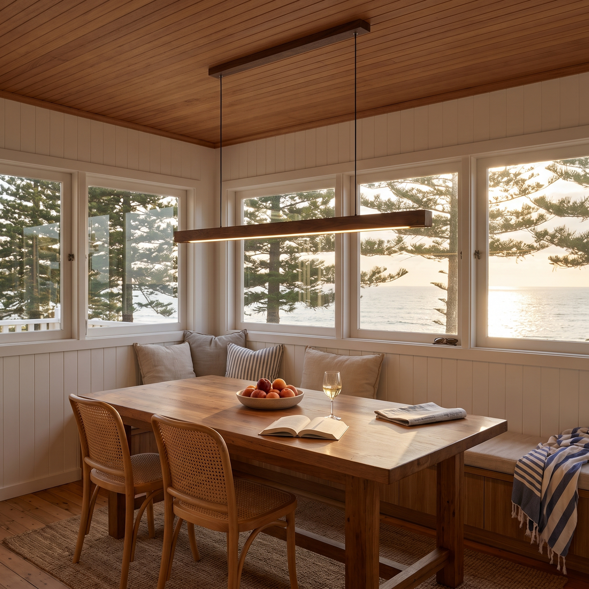 Sorrento pendant in Walnut B above a window bench seat with Norfolk pines and ocean beyond