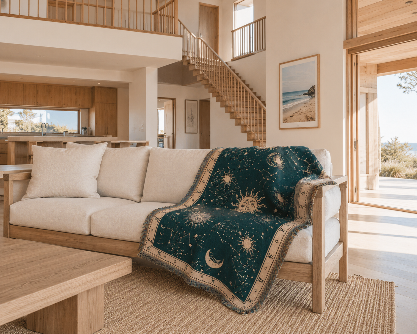 Space Colour-Block Throw Blanket with Woven Fringe draped over a sofa in a living room setting