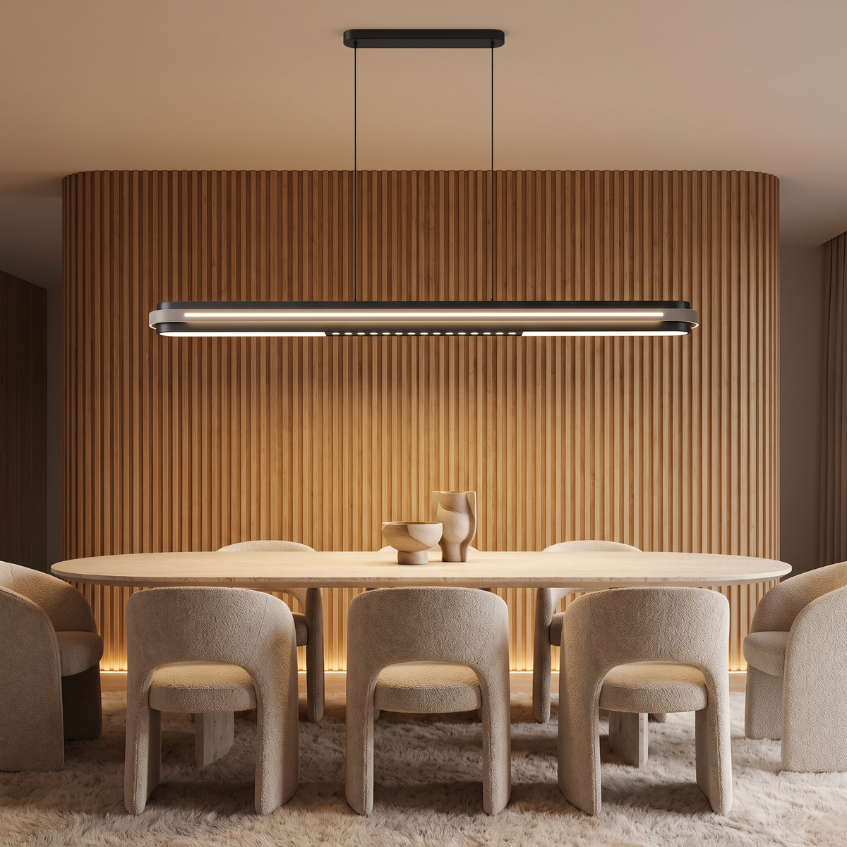 Spice linear LED pendant light above an oval dining table against a fluted timber feature wall