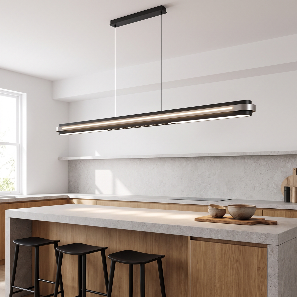 Spice linear LED pendant running the length of a stone kitchen island above black stools