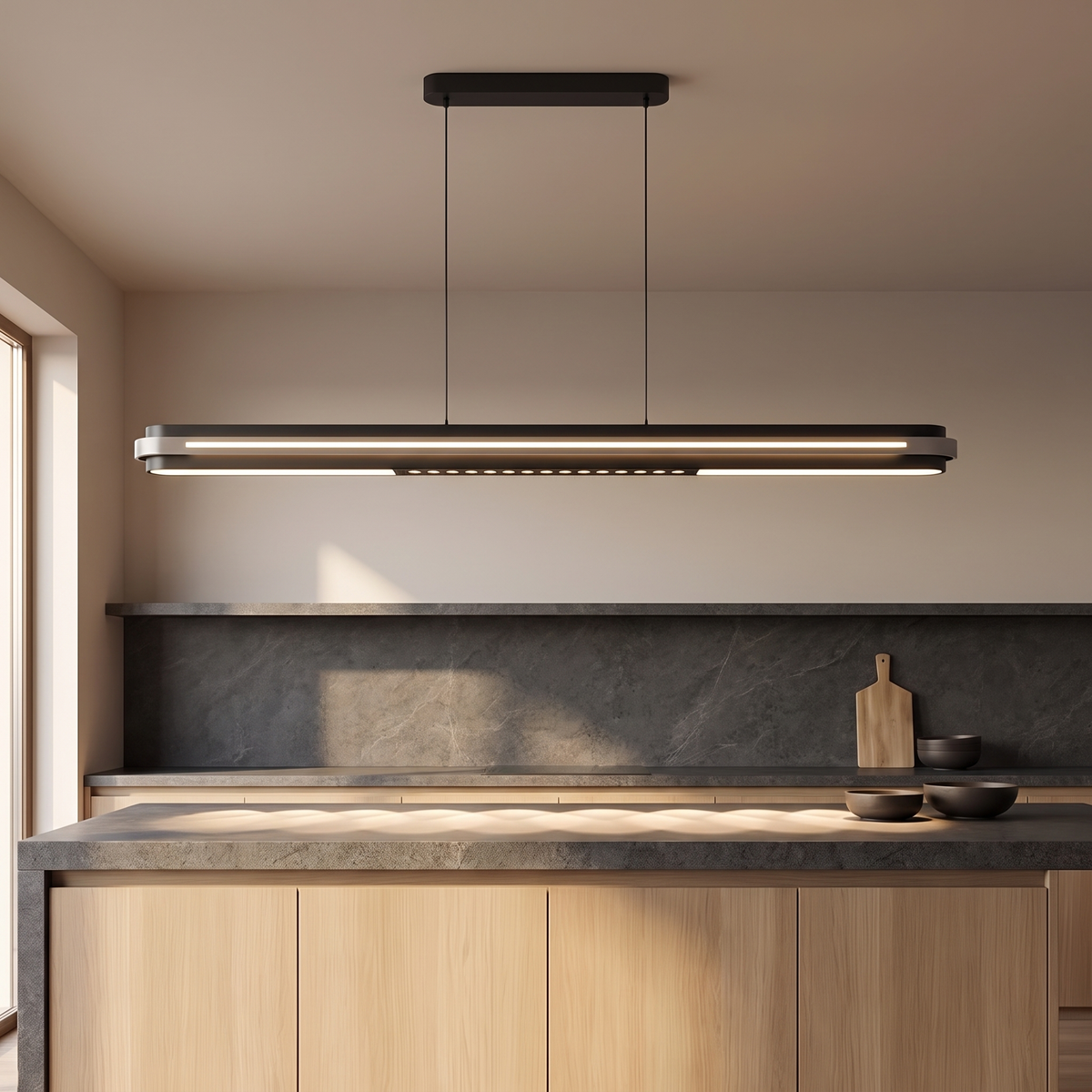 Spice linear LED pendant light above a dark stone kitchen island with pale oak cabinetry
