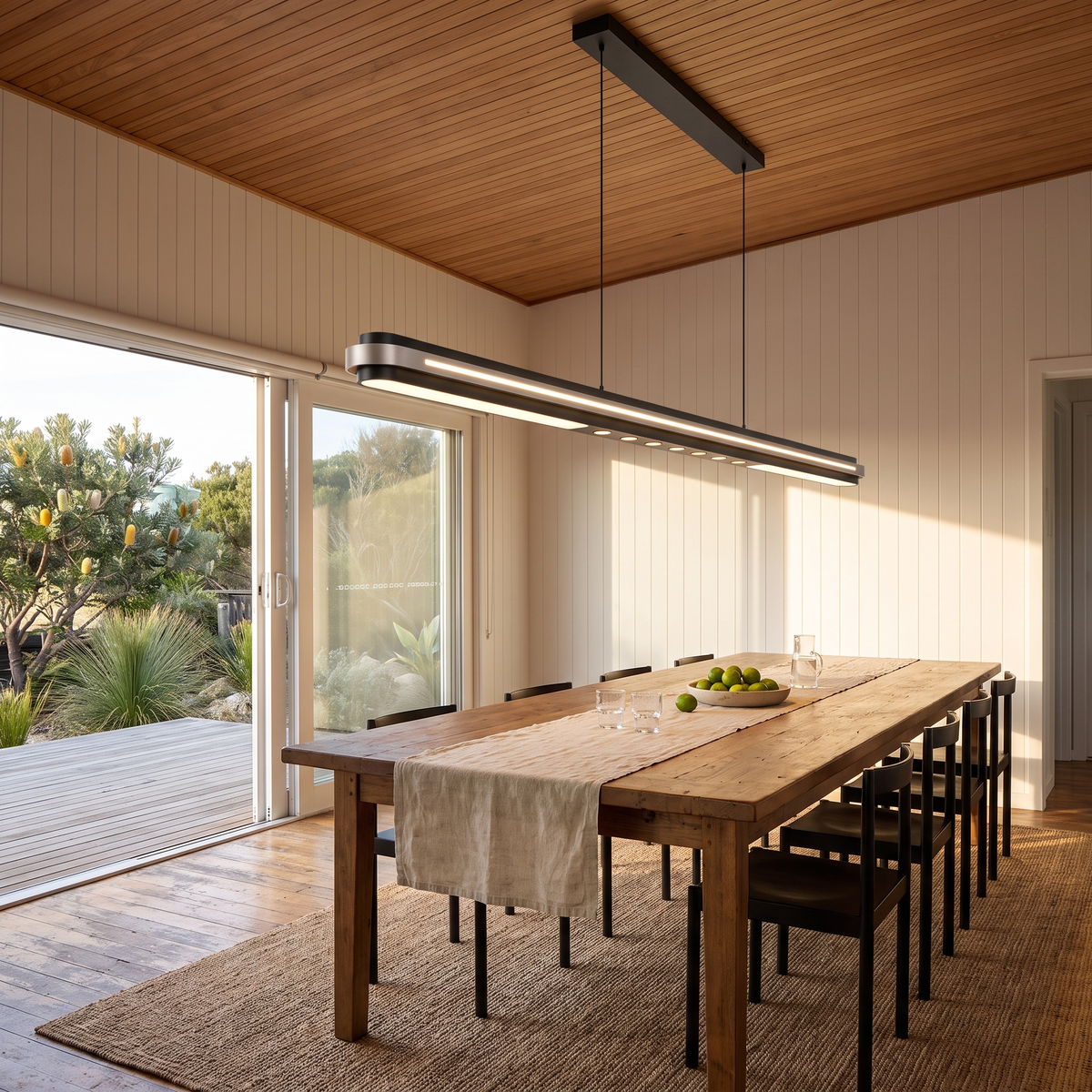 Spice black linear LED pendant light hanging above a recycled timber dining table in an Australian beach house