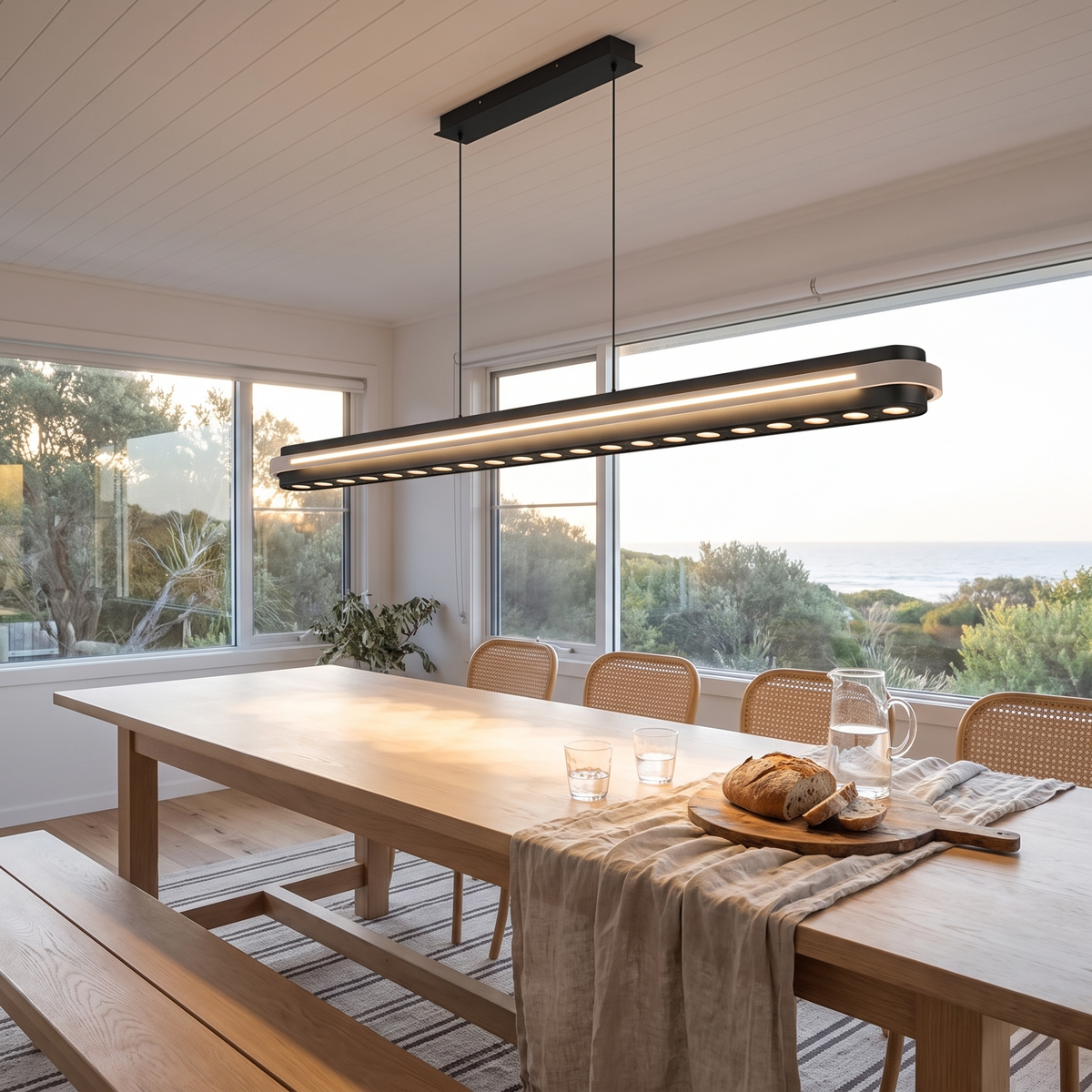 Spice black linear LED pendant light above a coastal oak dining table with ocean views