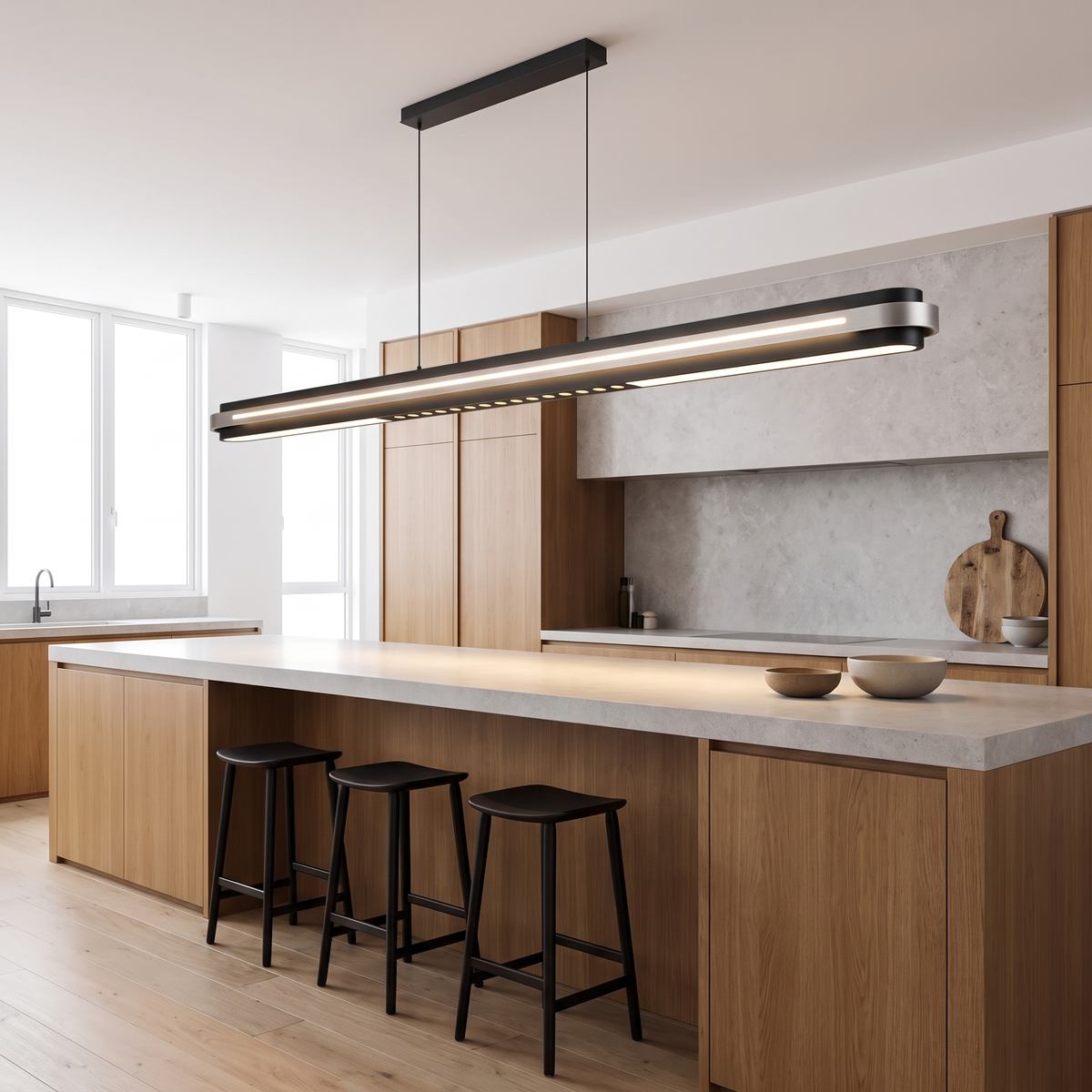 Spice black linear pendant light above a stone kitchen island bench with black bar stools