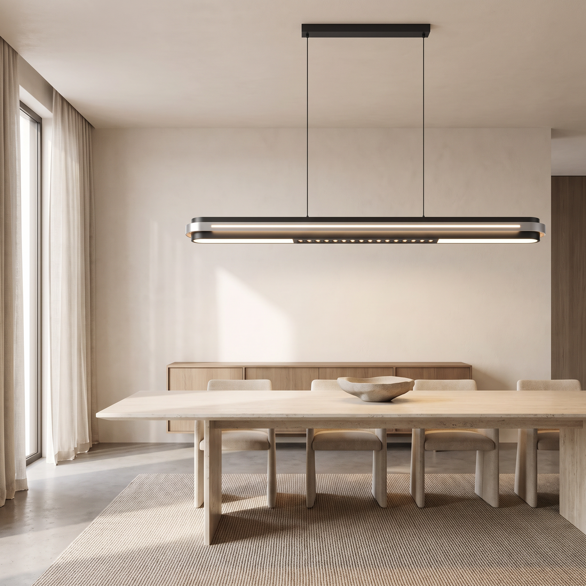 Spice linear LED pendant light above a travertine dining table in a minimalist dining room