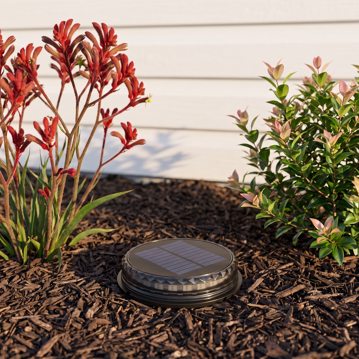 Close-up of a Stitch Outdoor Solar Garden Light in black in bark mulch by kangaroo paw in late afternoon
