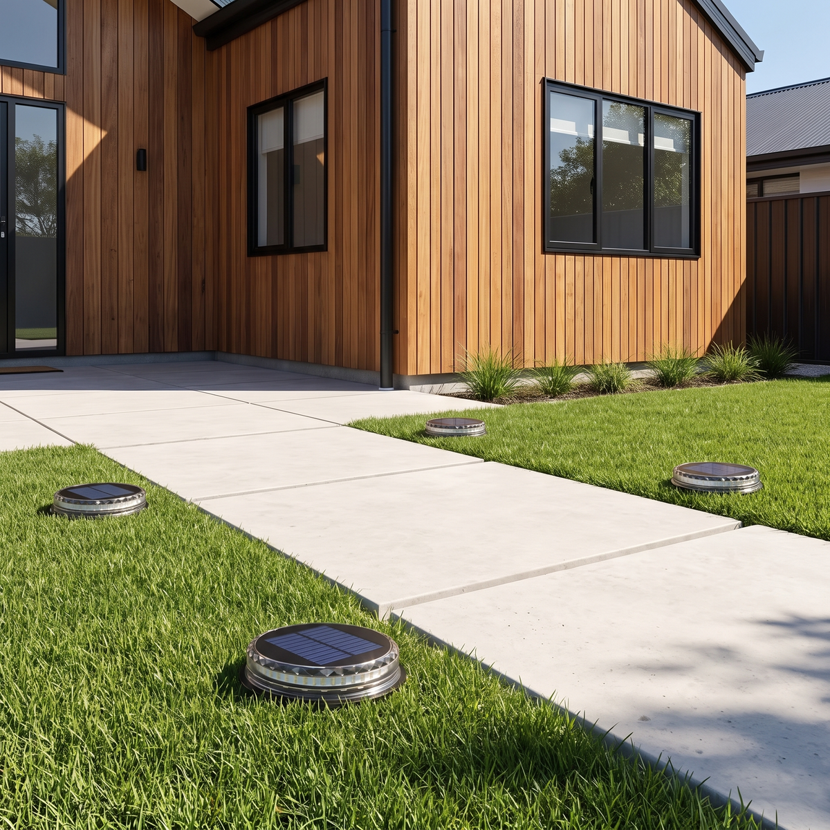 Stitch Outdoor Solar Garden Lights in the lawn beside concrete pavers of a blackbutt-clad modern home at midday