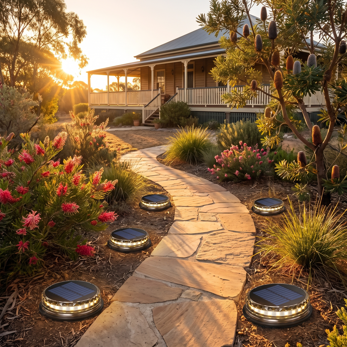 Stitch Outdoor Solar Garden Lights along a flagstone path through grevillea and banksia at golden hour