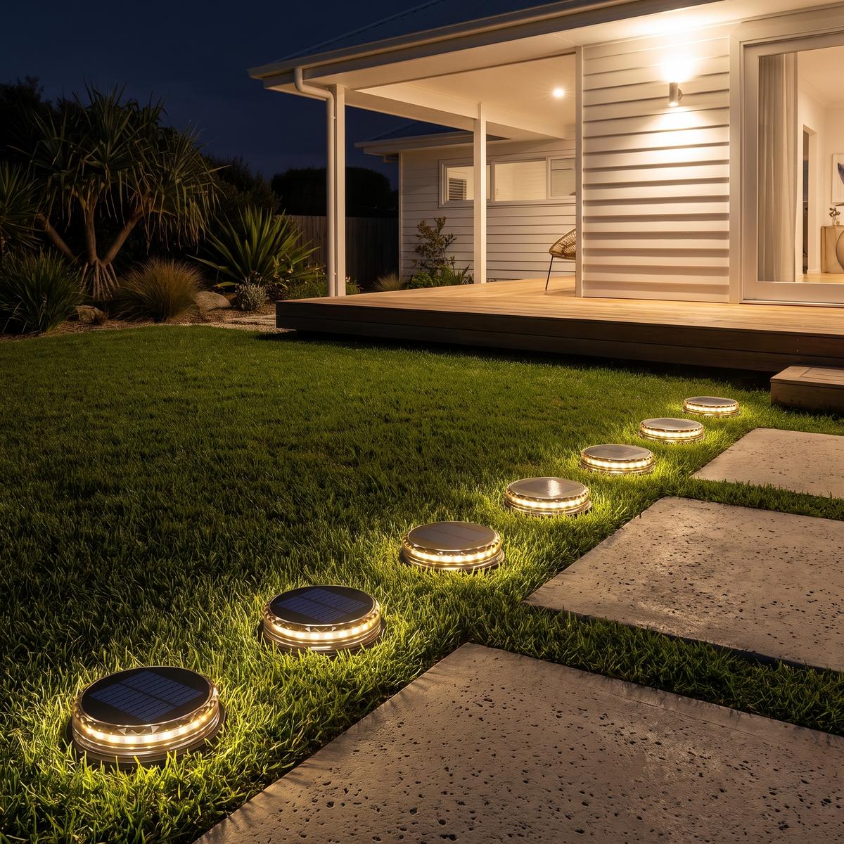 Stitch Outdoor Solar Garden Lights glowing warm in the lawn by stepping stones to a beach house deck at night