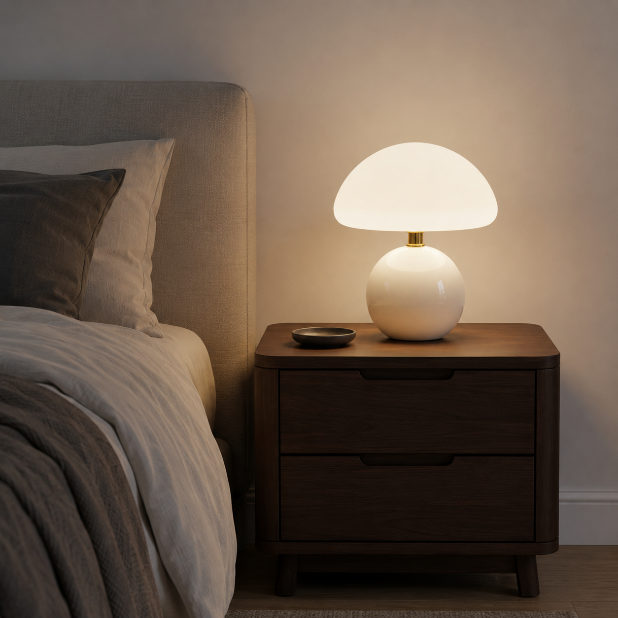 Suffolk Mushroom Table Lamp illuminated with warm ambient glow