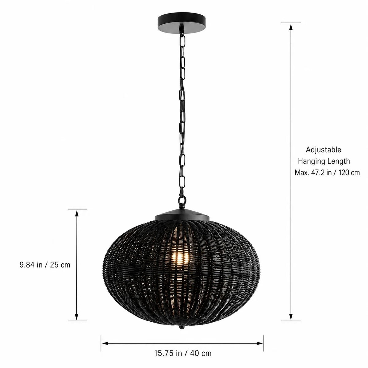 Suka outdoor pendant dimensions, 40cm (15.7in) wide by 25cm (9.8in) high on a chain adjustable to 120cm
