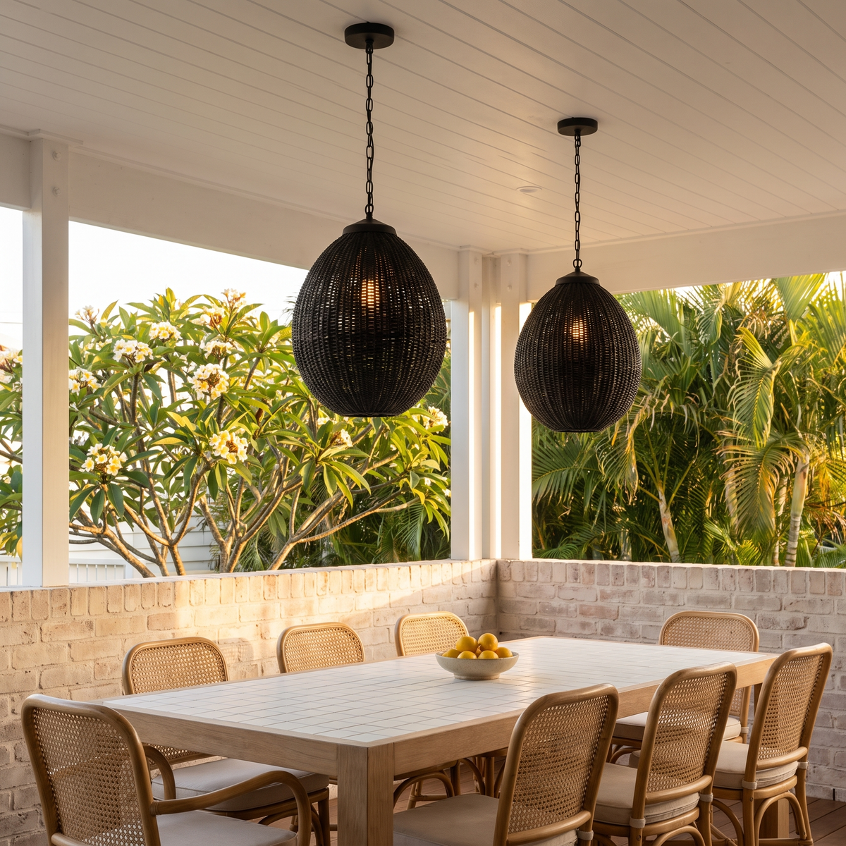 Two Suka outdoor pendant lights in the 40 x 50cm egg shape over an oak table on a covered coastal porch