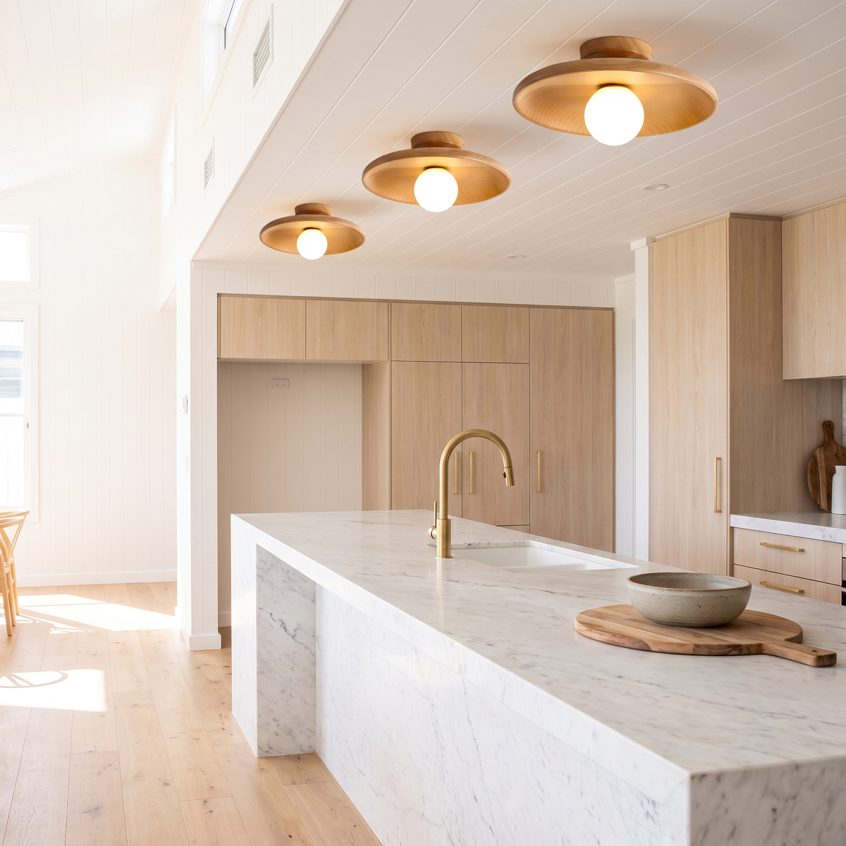 Three Suma light wood timber ceiling lights in a row above a coastal kitchen island