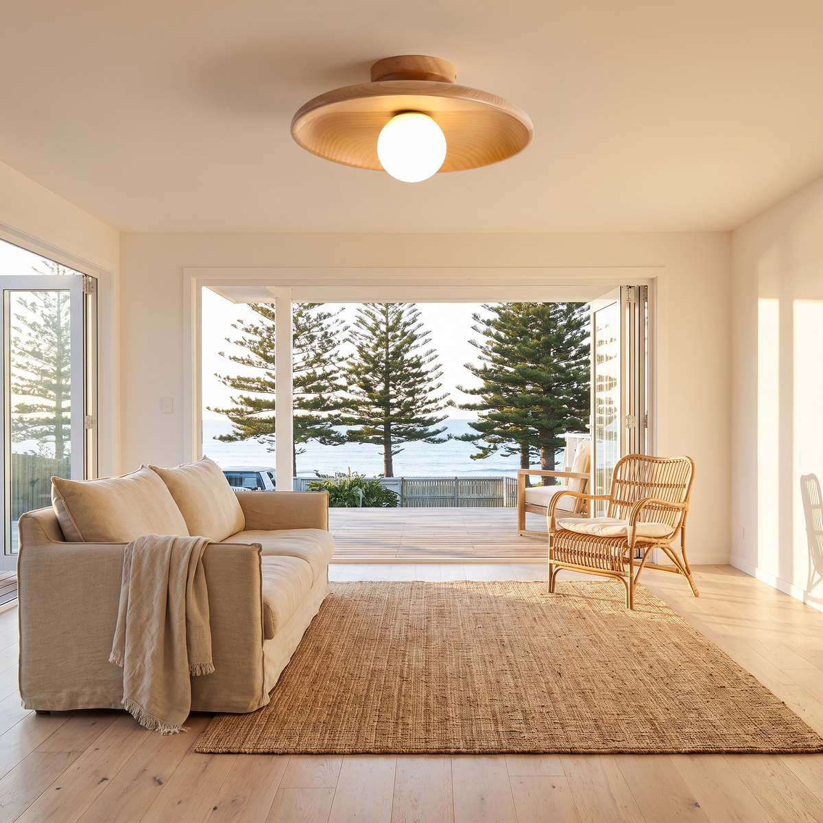 Suma light wood timber ceiling light in a coastal living room with a rattan armchair and jute rug