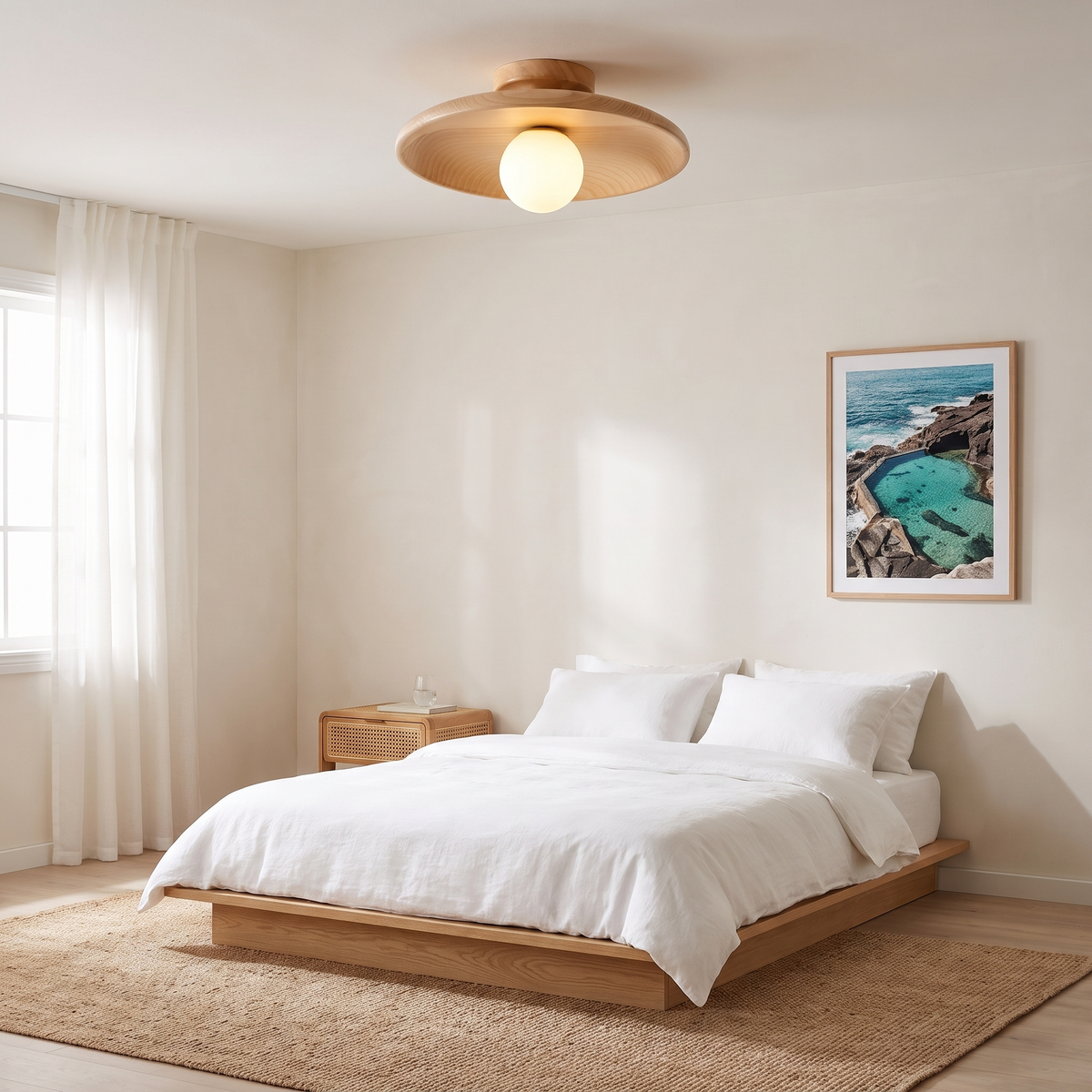 Suma timber ceiling light in light wood above a Scandinavian bedroom with an oak platform bed