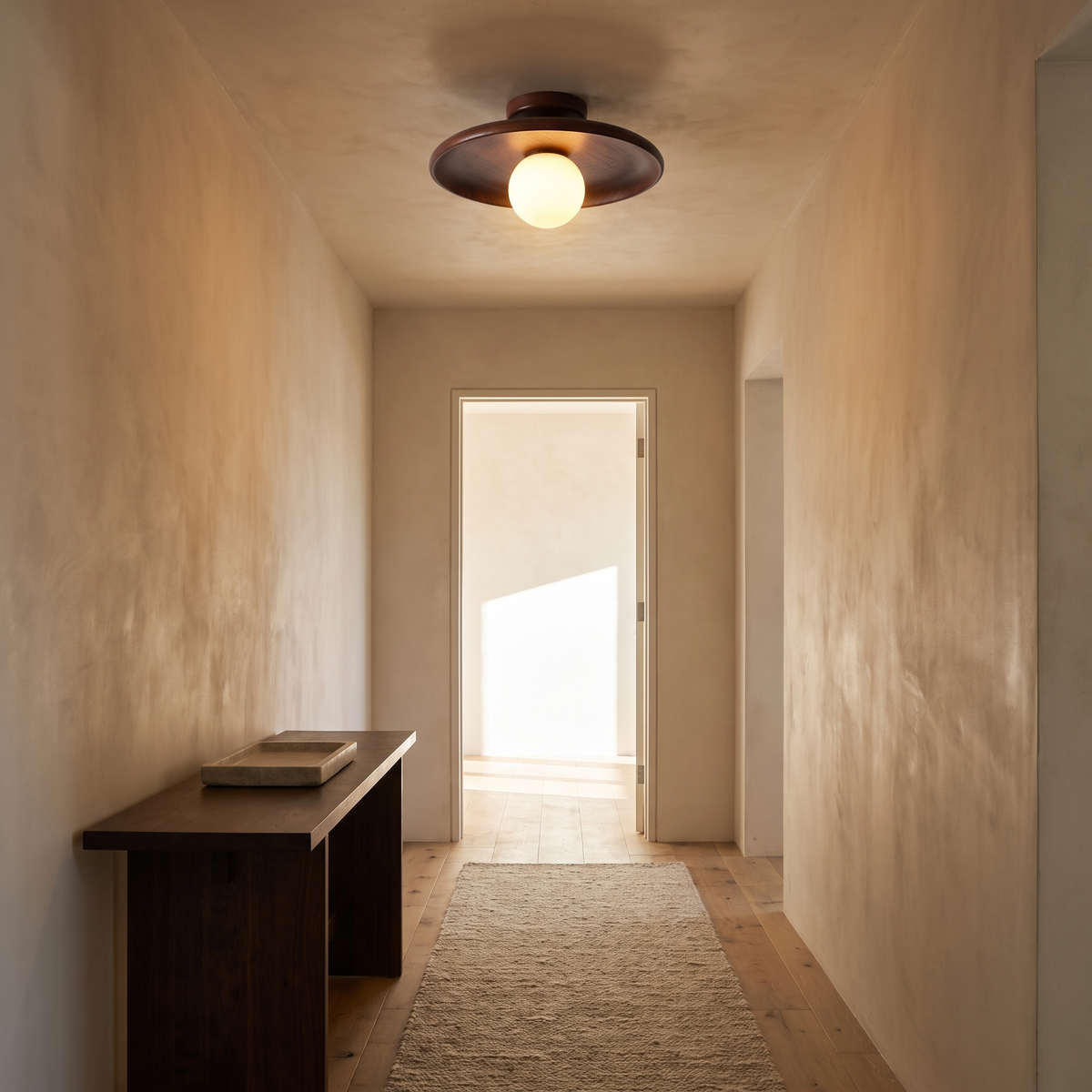Suma walnut timber ceiling light in a narrow hallway above a dark timber console