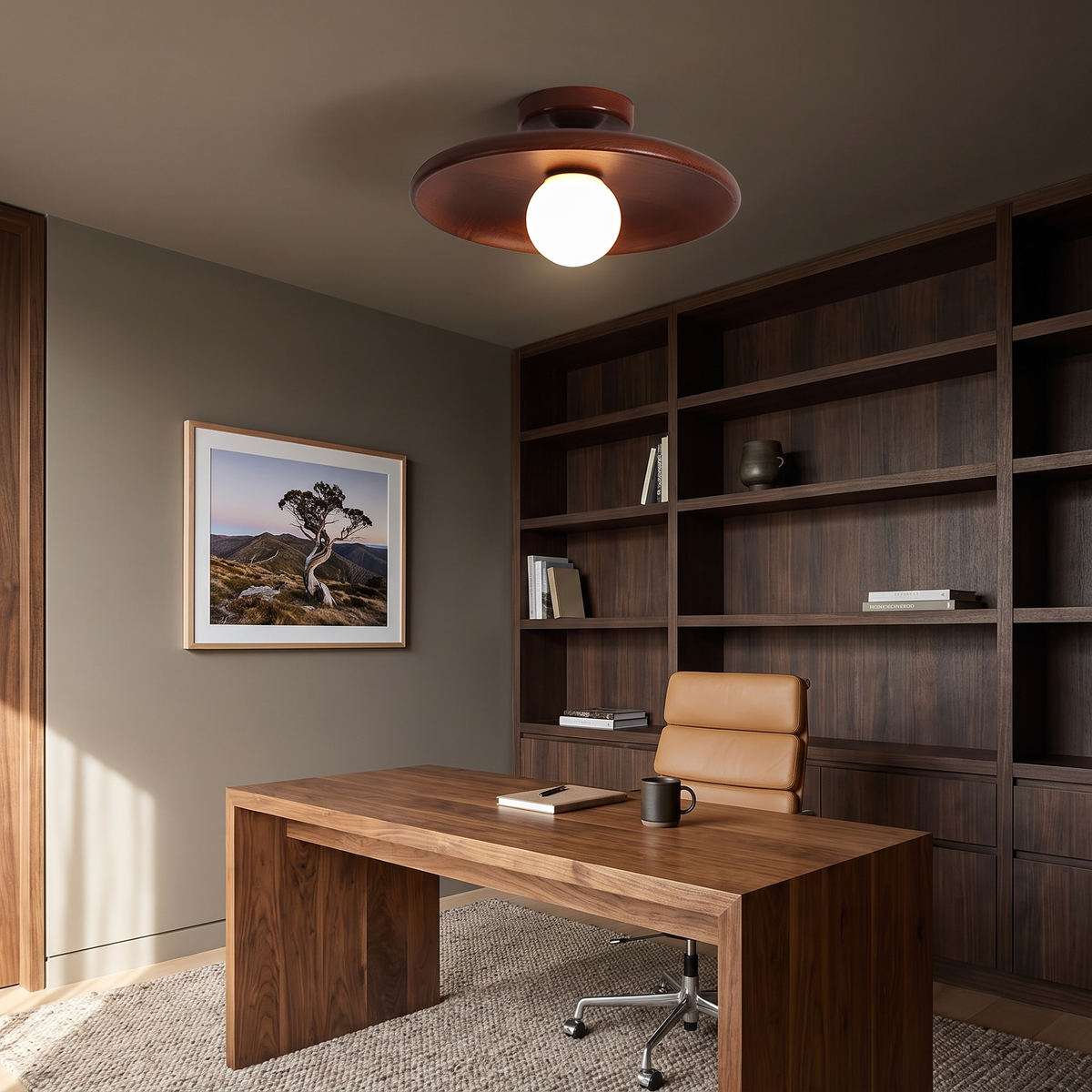 Suma walnut timber ceiling light in a study with built-in walnut shelving