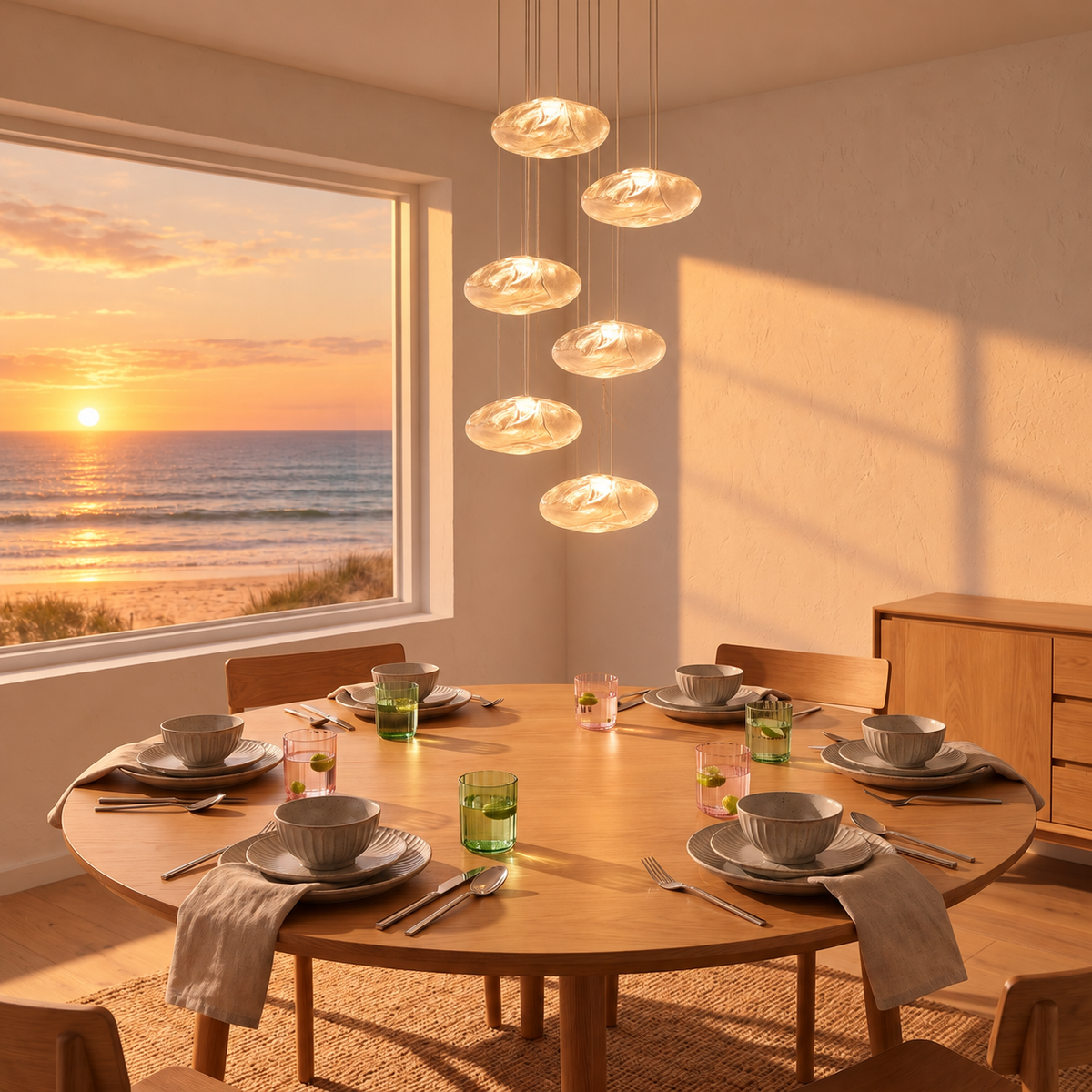 Sumba glass cluster pendant glowing over a round oak dining table set with Nagano dinnerware, Catalina cutlery and Sorento glassware at sunset in a coastal dining room