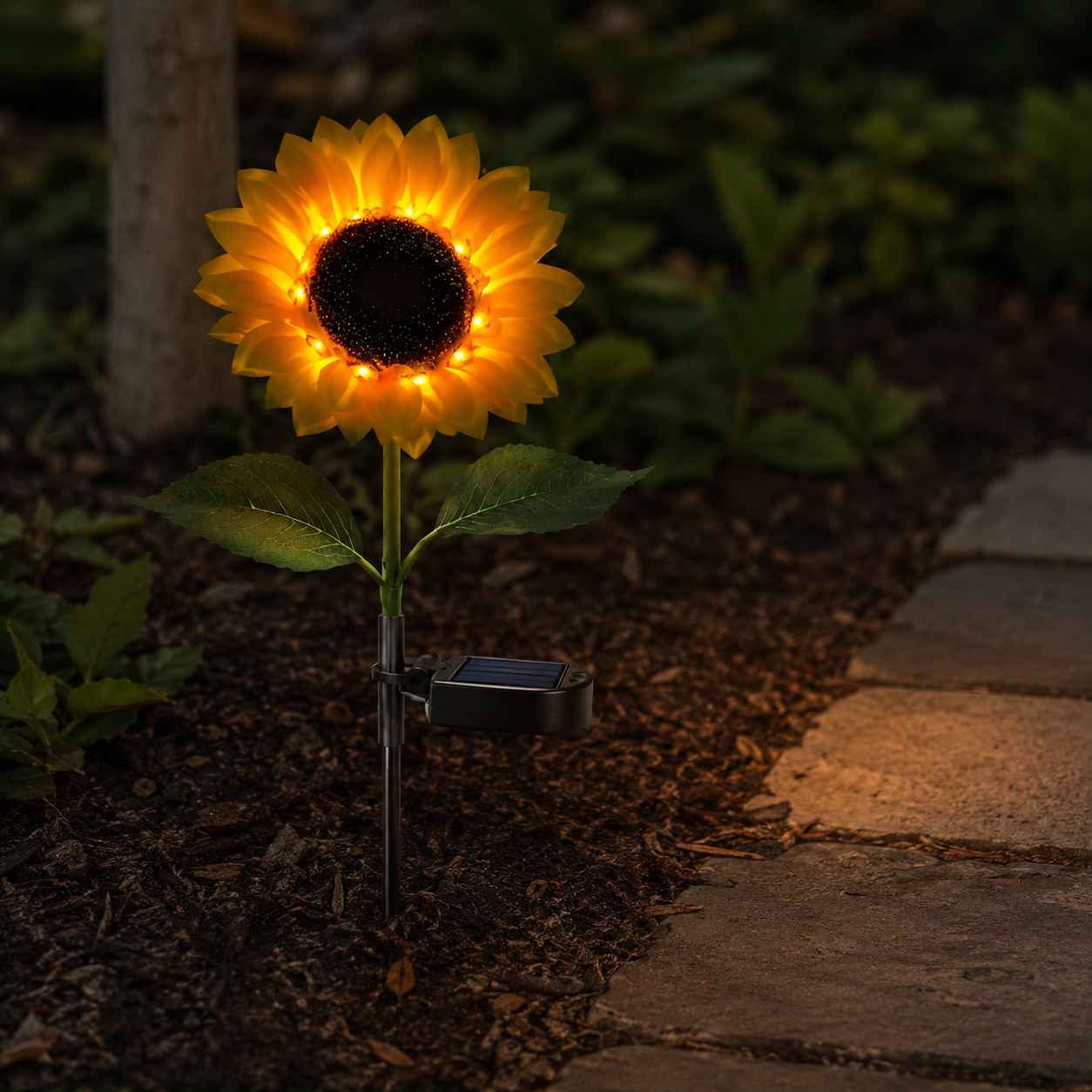 Close-up of the Sunflower Solar Garden Light's lifelike petal design