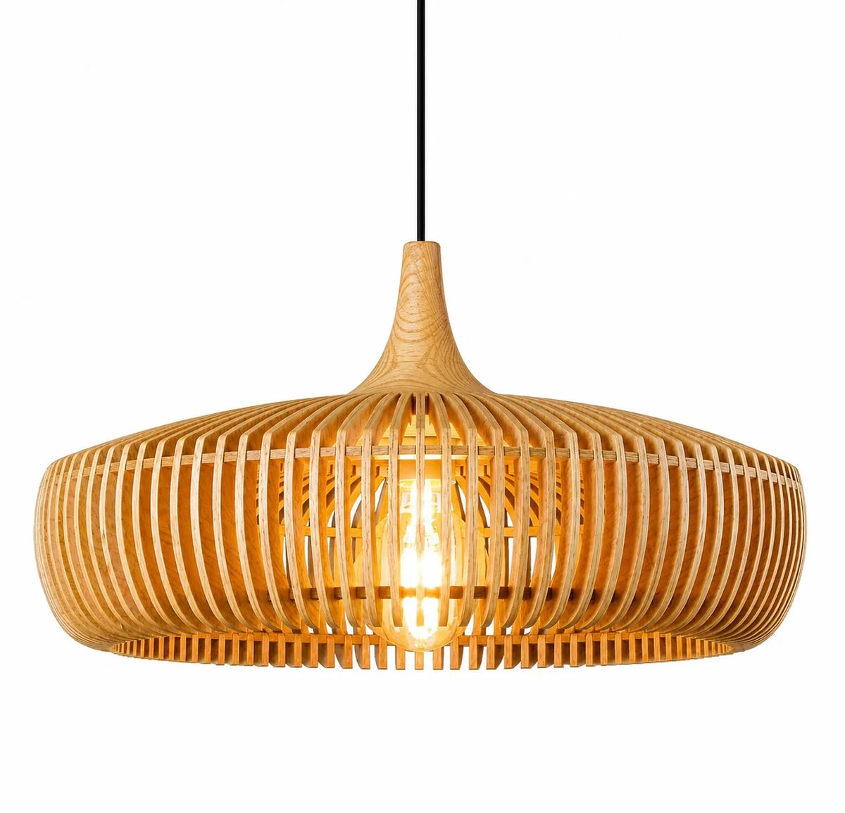 Talandji Scandinavian wood pendant light in natural wood on a white background