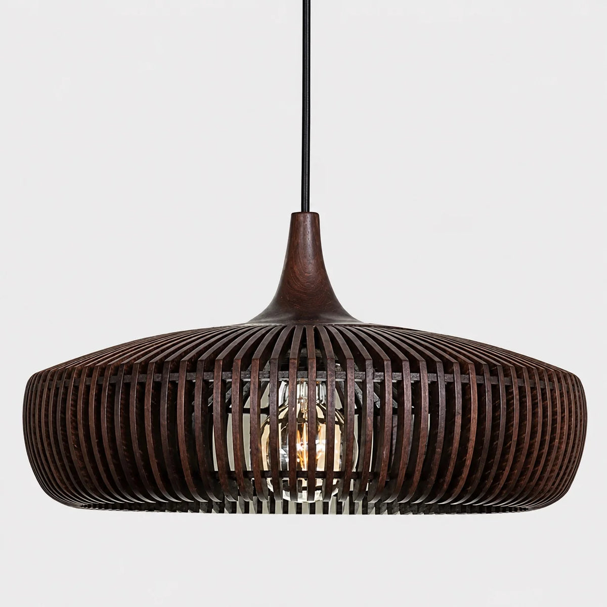 Talandji Scandinavian wood pendant light in walnut on a white background