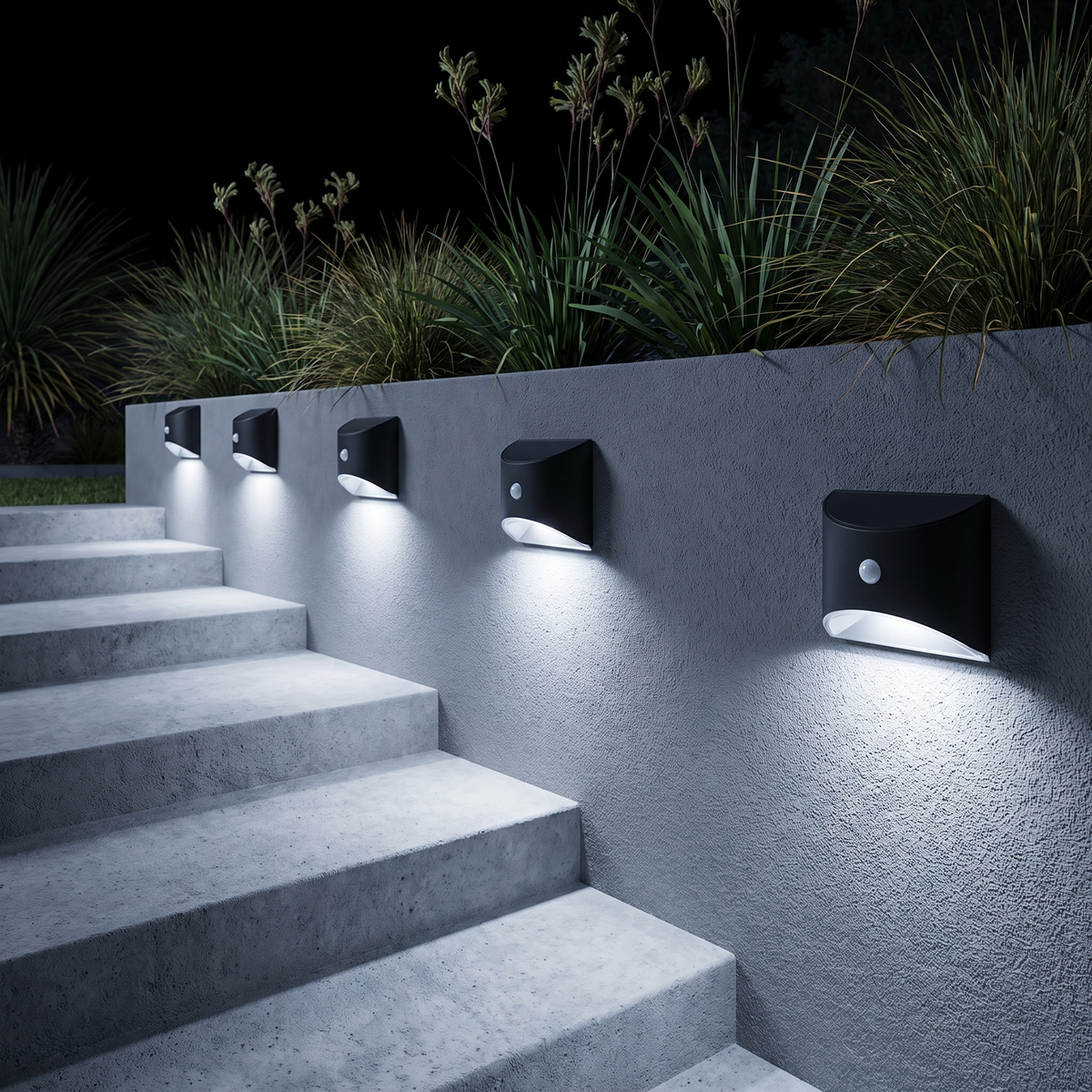 Tasi cool white solar wall lights beside outdoor concrete stairs
