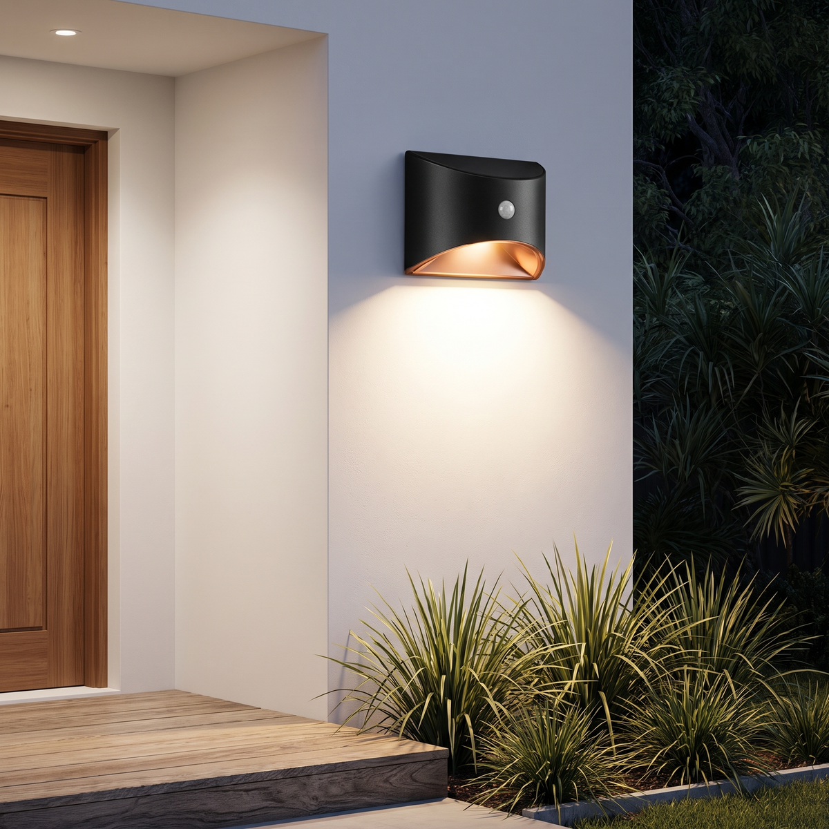 Tasi solar motion sensor wall light in warm white beside a front door