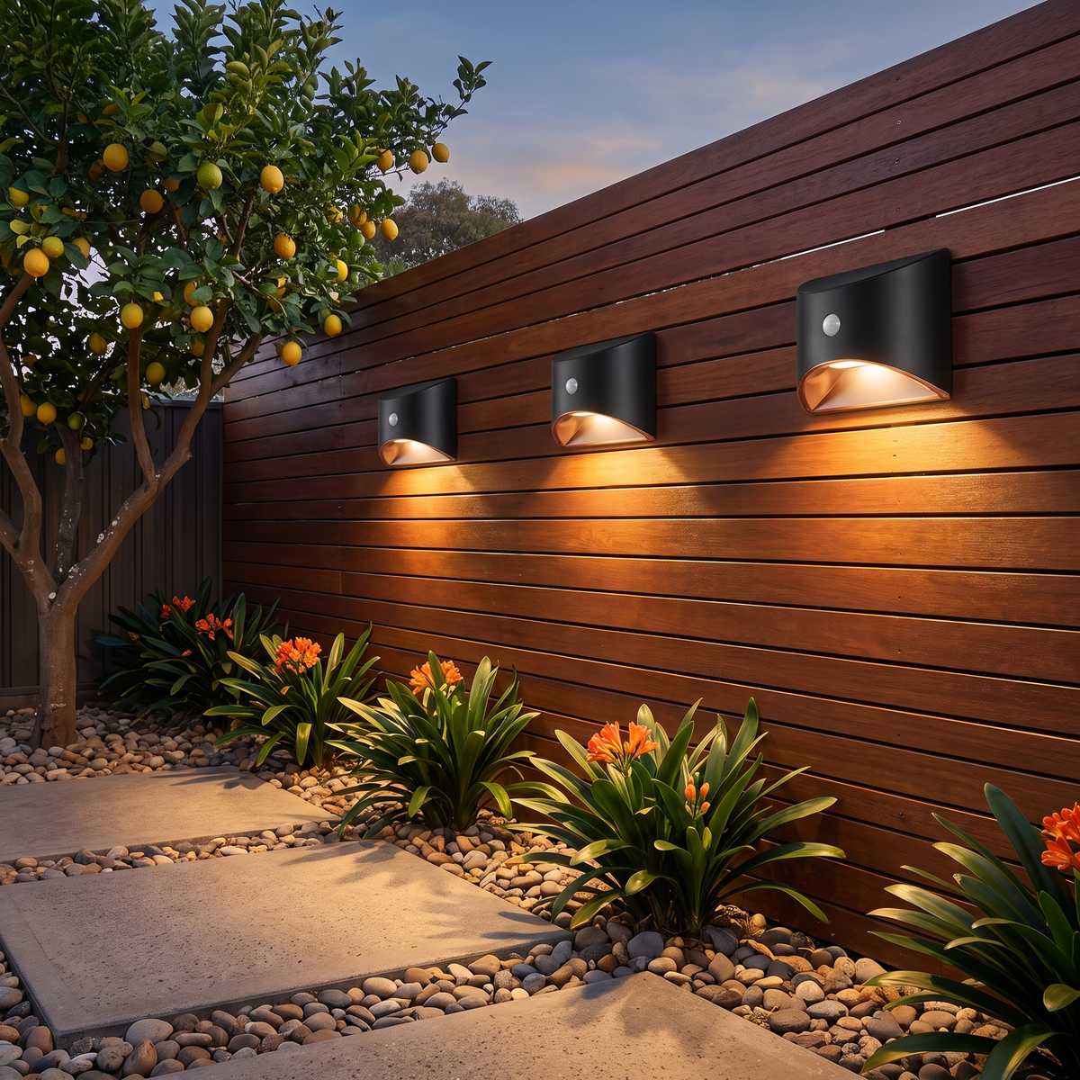 Tasi solar wall lights along a timber side fence lighting a garden path