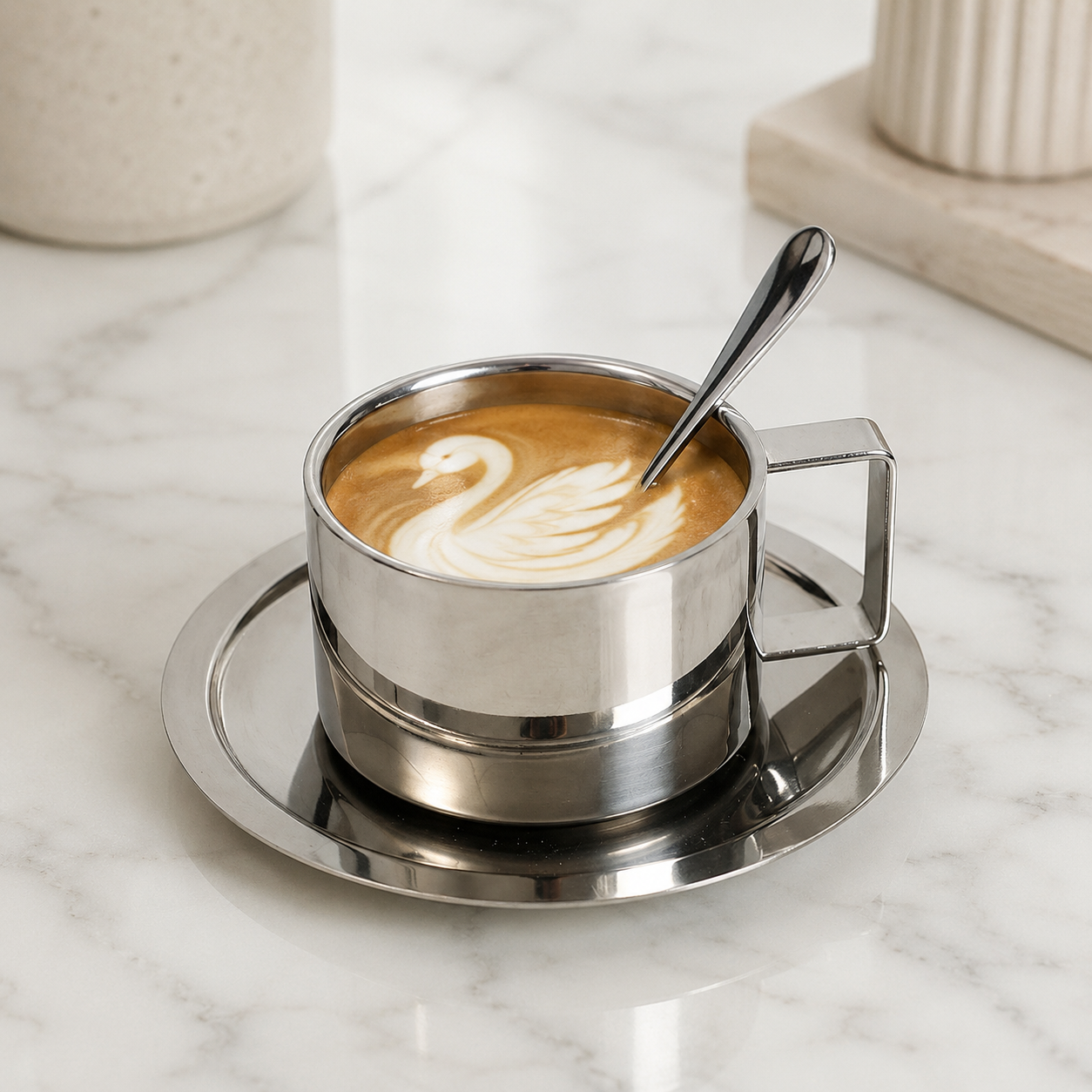 Tavra Stainless Steel Coffee Cup Set with tray and spoon on a kitchen counter