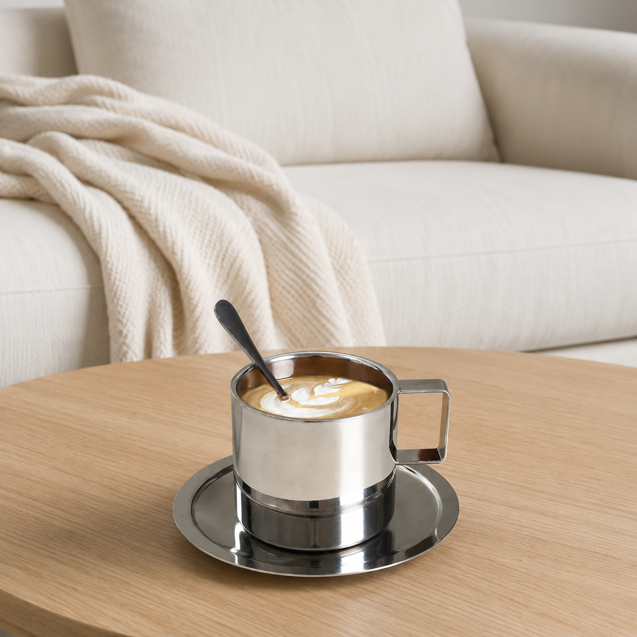 Tavra Coffee Cup Set styled with the matching tray and spoon