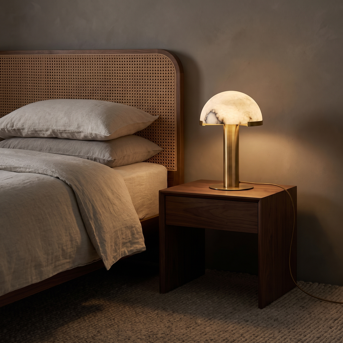 Taya alabaster table lamp with gold bronze base glowing on a walnut bedside table