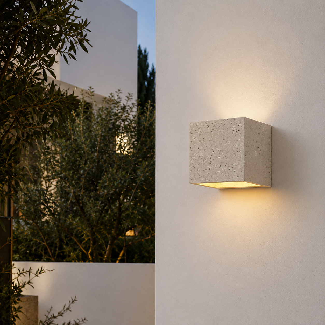 Teja travertine outdoor wall light installed beside an entryway