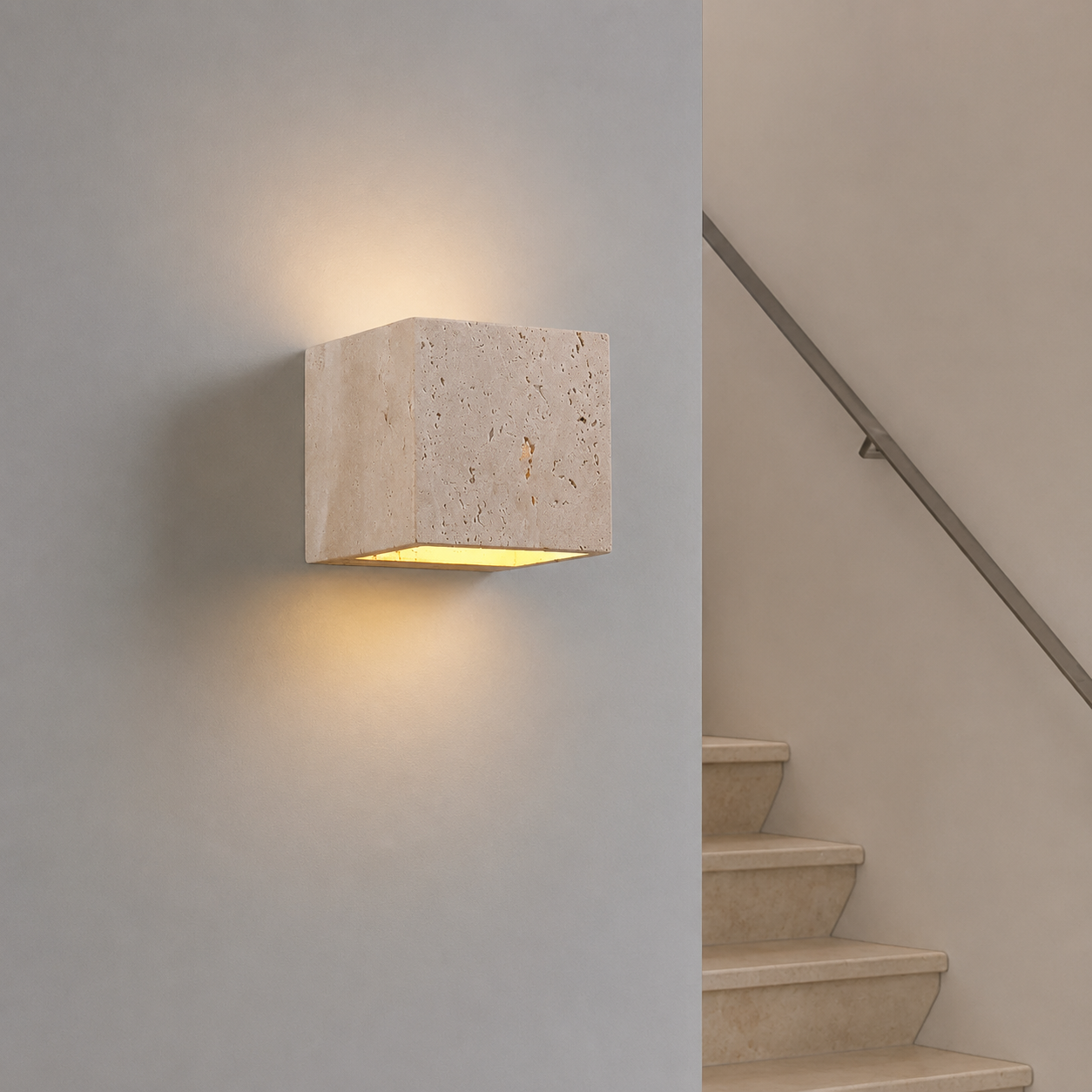 Teja travertine outdoor wall light close-up of natural stone texture