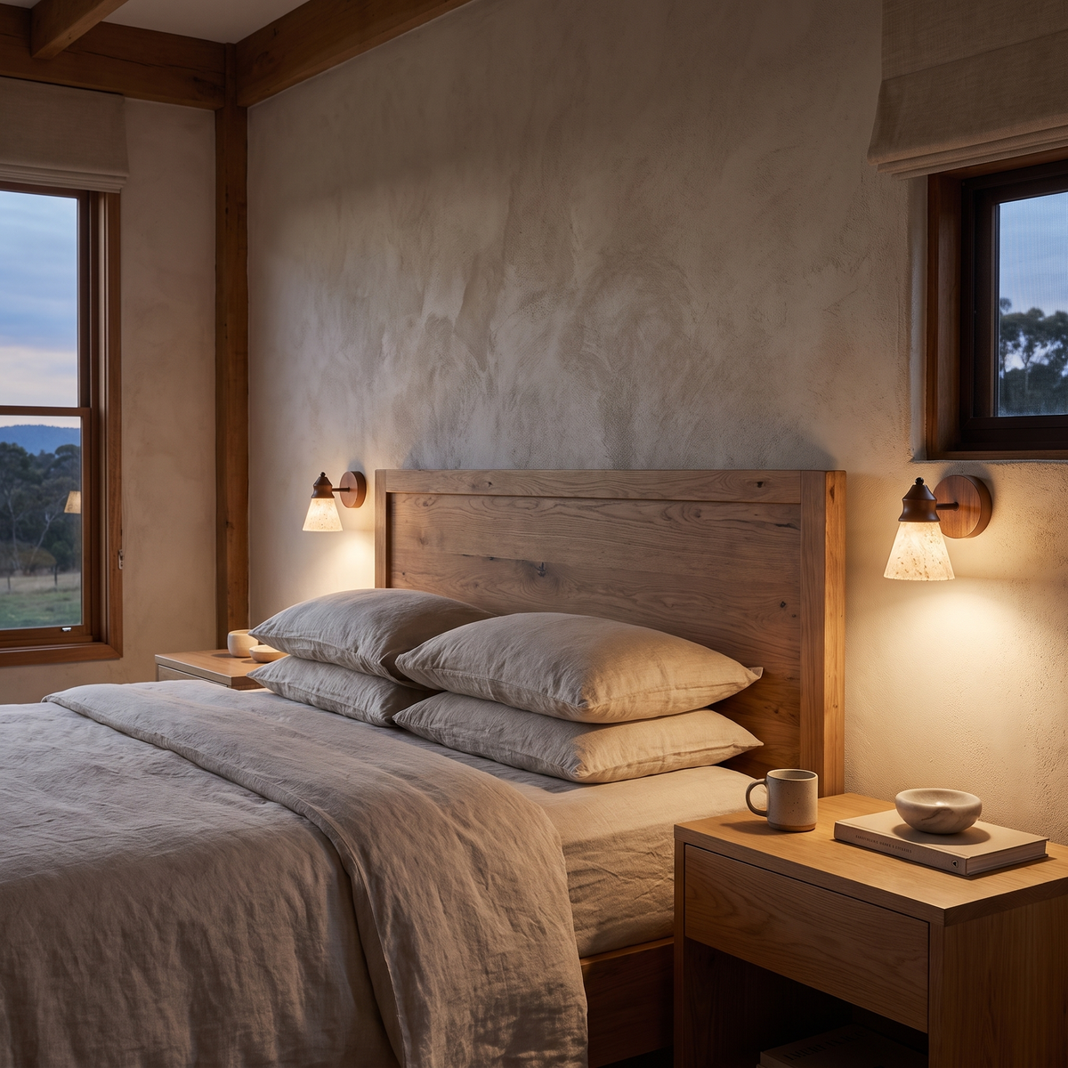 Telo travertine wall sconce in a bedroom