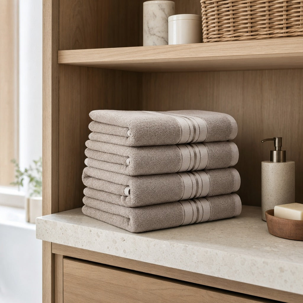 Terry striped cotton towels in brown folded on an oak bathroom shelf beside wicker baskets