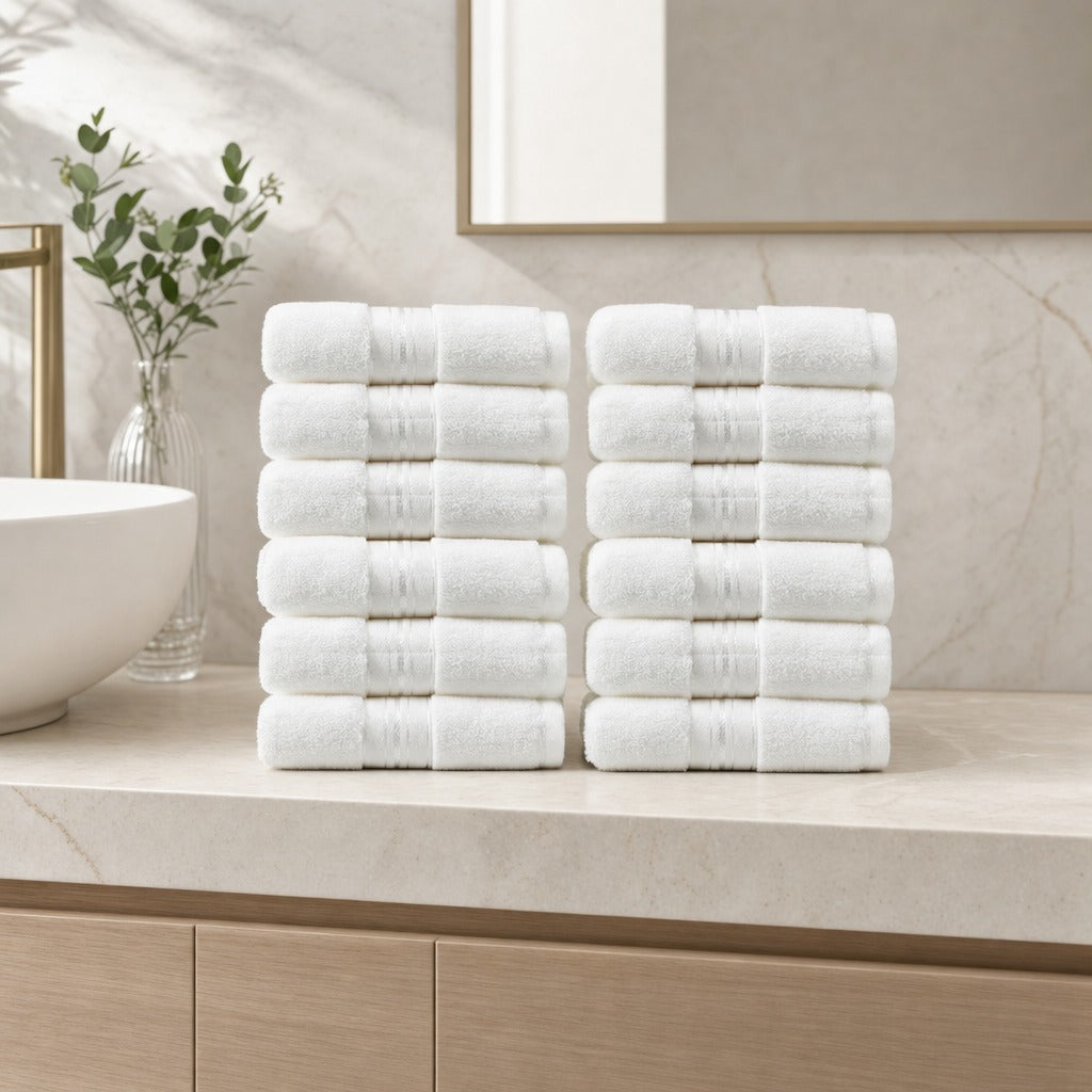 Terry striped cotton towel set in white stacked on a bathroom vanity beside a basin