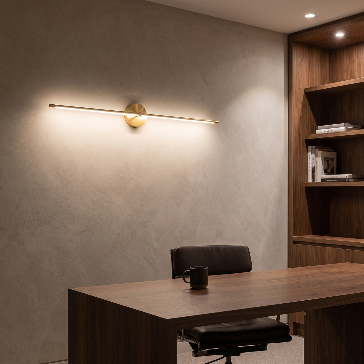 Gold Tomi linear wall light mounted above a double vanity in an Australian bathroom