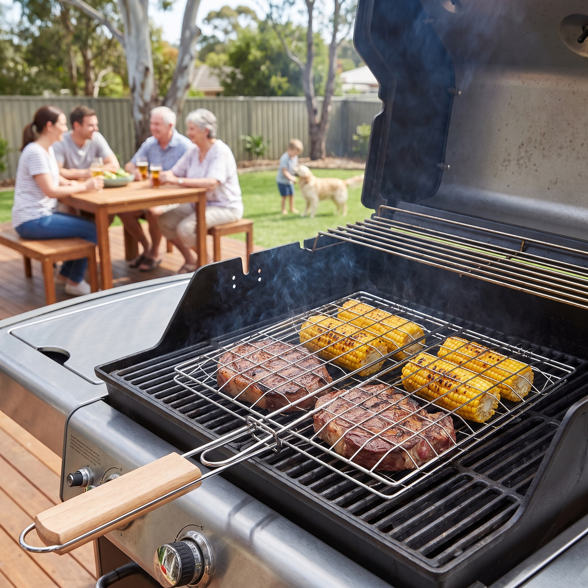 Toni flat grilling basket with timber handle holding rump steaks and corn on a gas BBQ in the backyard