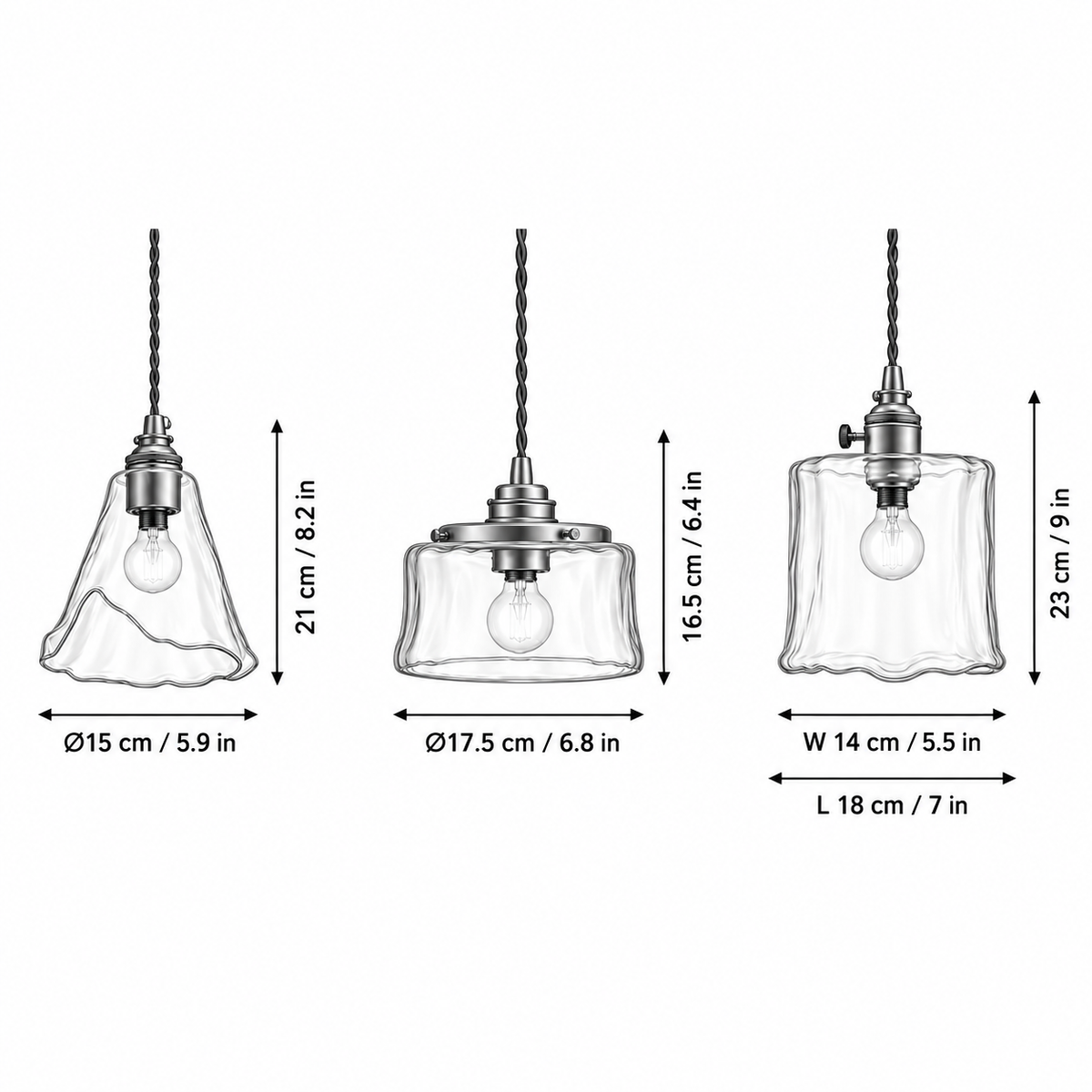 Tooky pendant sizes, Model A 15 x 21cm, Model B 17.5 x 16.5cm, Model C 18 x 23cm