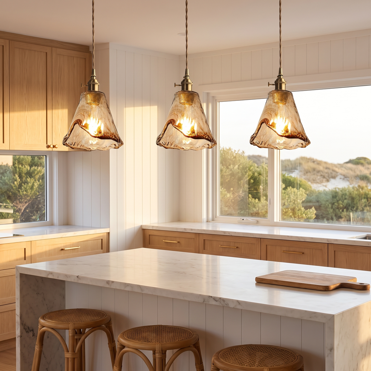 Three Tooky Model A amber glass pendants over a marble kitchen island in a beach house