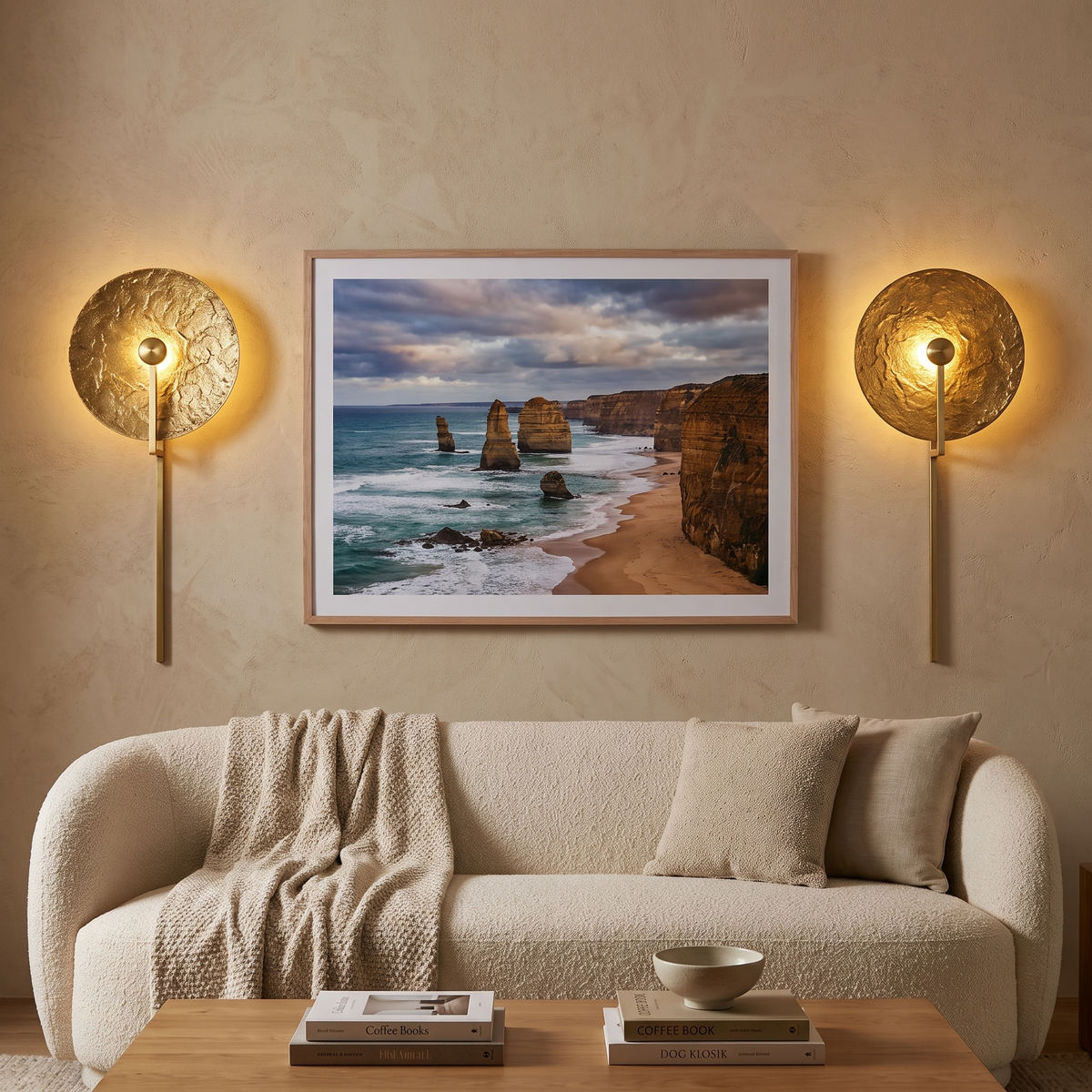 Turin hammered brass wall light in a living room