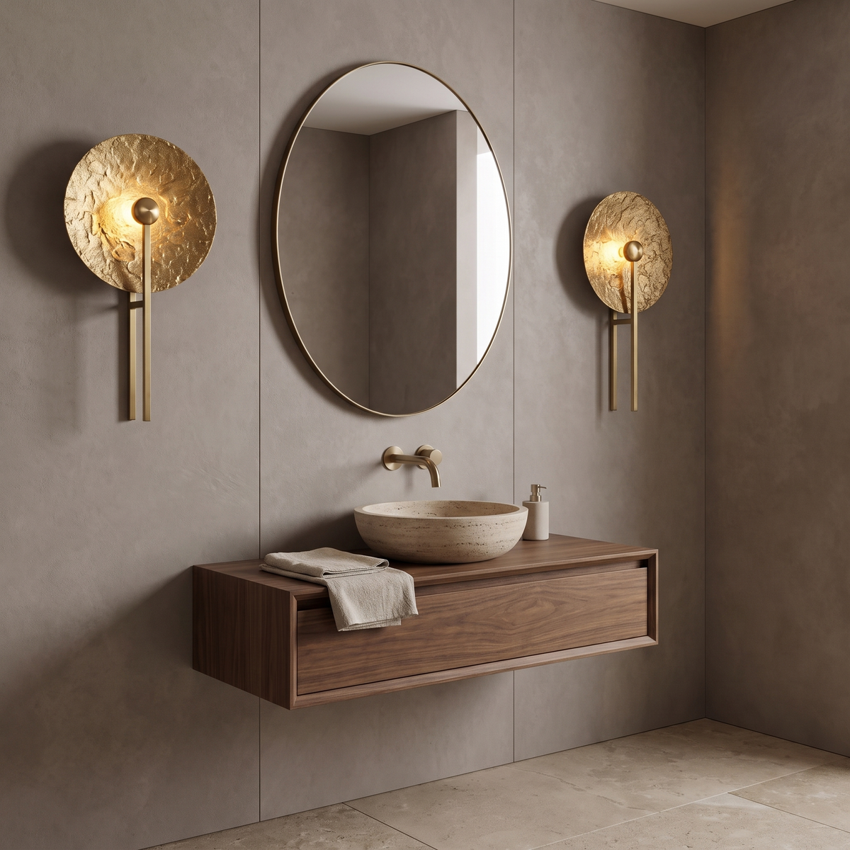 Turin hammered brass wall light in a powder room
