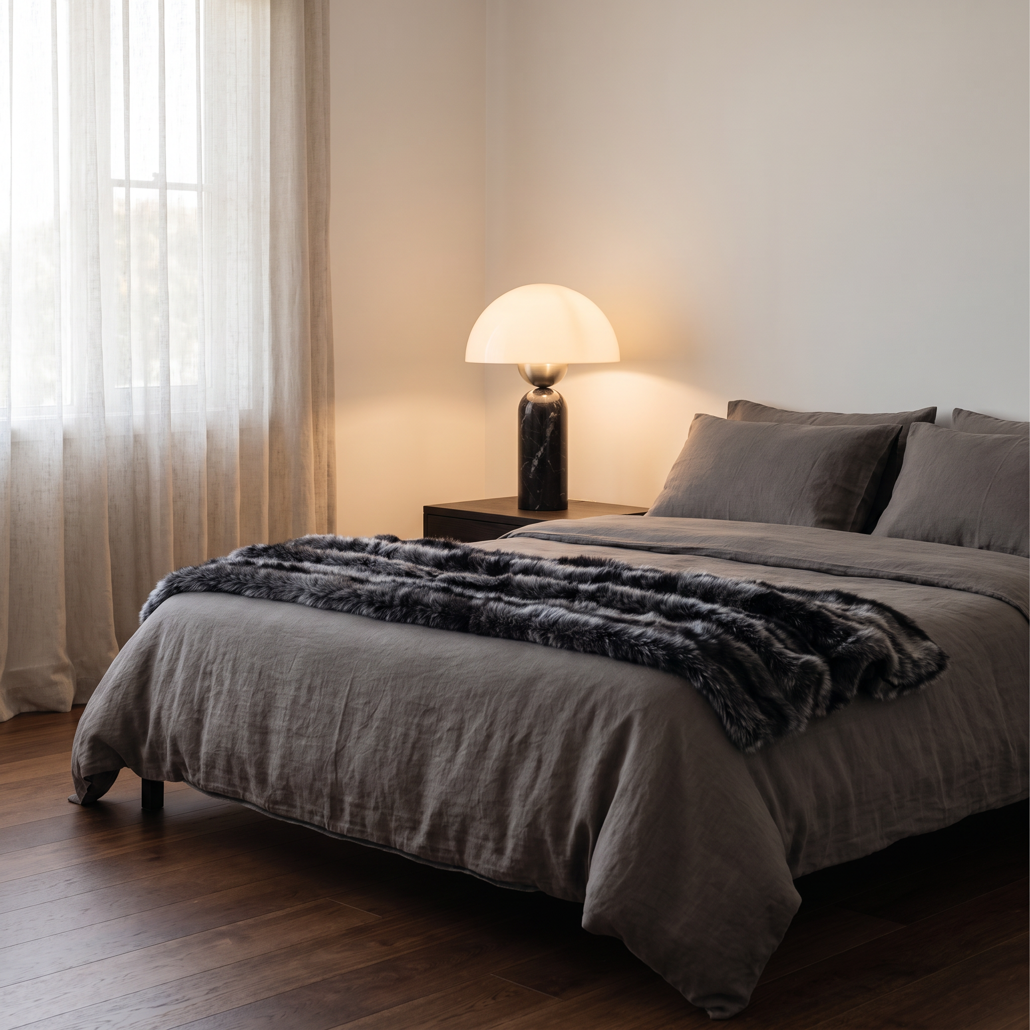 Black marble Tweed table lamp styled on a bedside table in a modern beach house bedroom