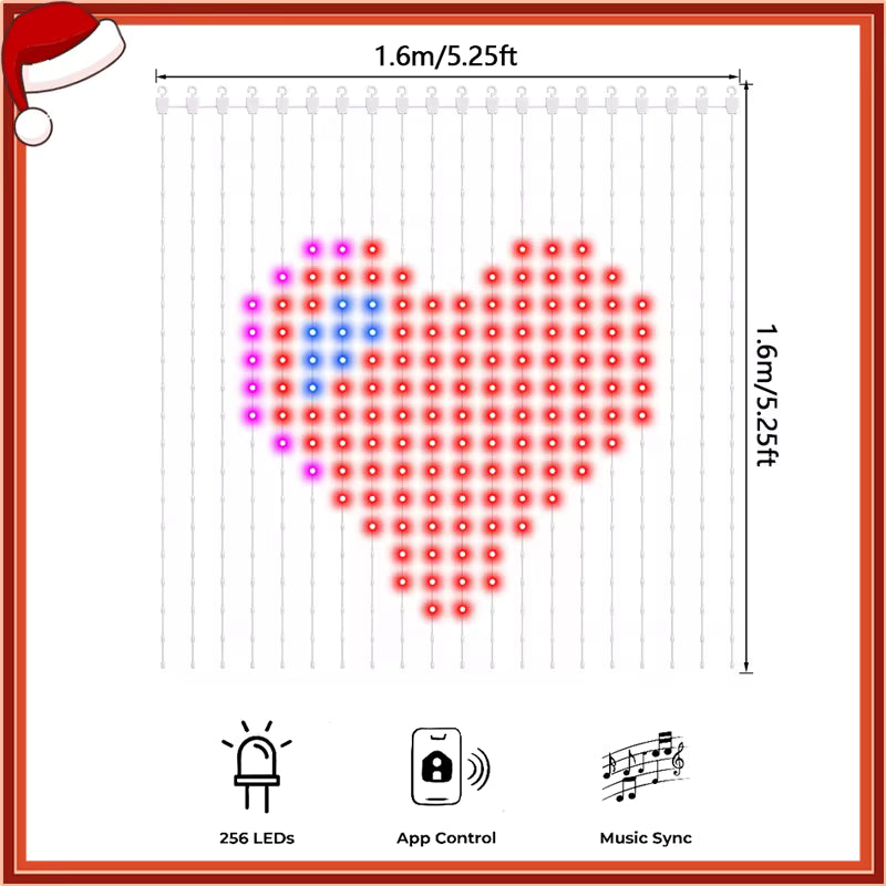Twinkle 1.6m 256-LED smart curtain light displaying a heart pattern