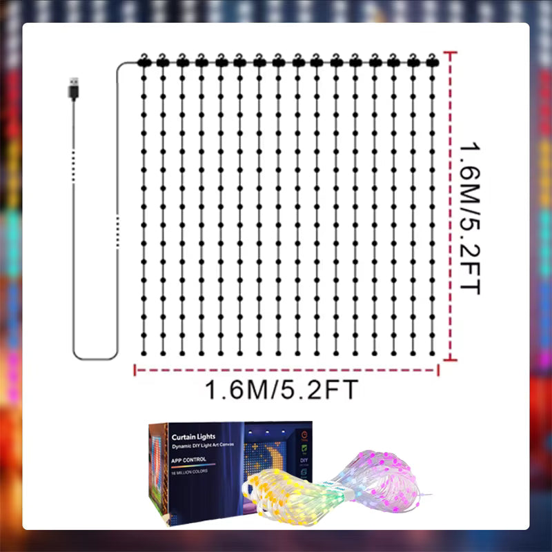 Twinkle 1.6m x 1.6m (5.2 x 5.2ft) smart LED curtain light size diagram