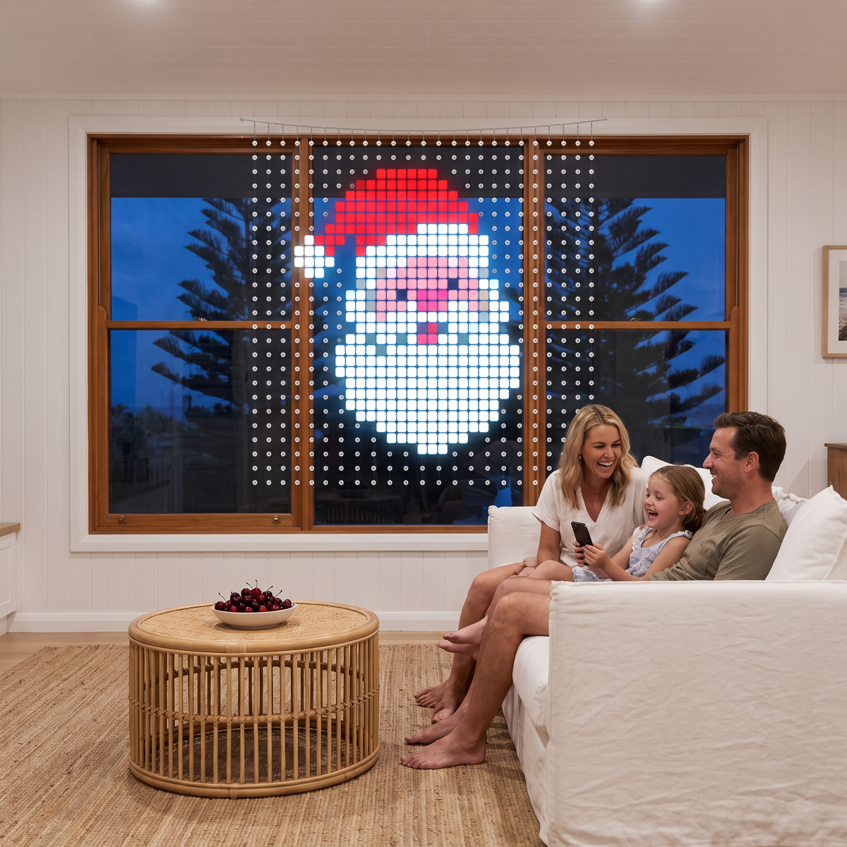 Twinkle 1.6m smart LED curtain light showing Santa in a beach house living room