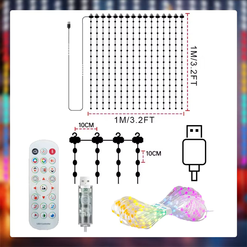 Twinkle 1m x 1m (3.3 x 3.3ft) smart LED curtain light with remote, USB plug and controller